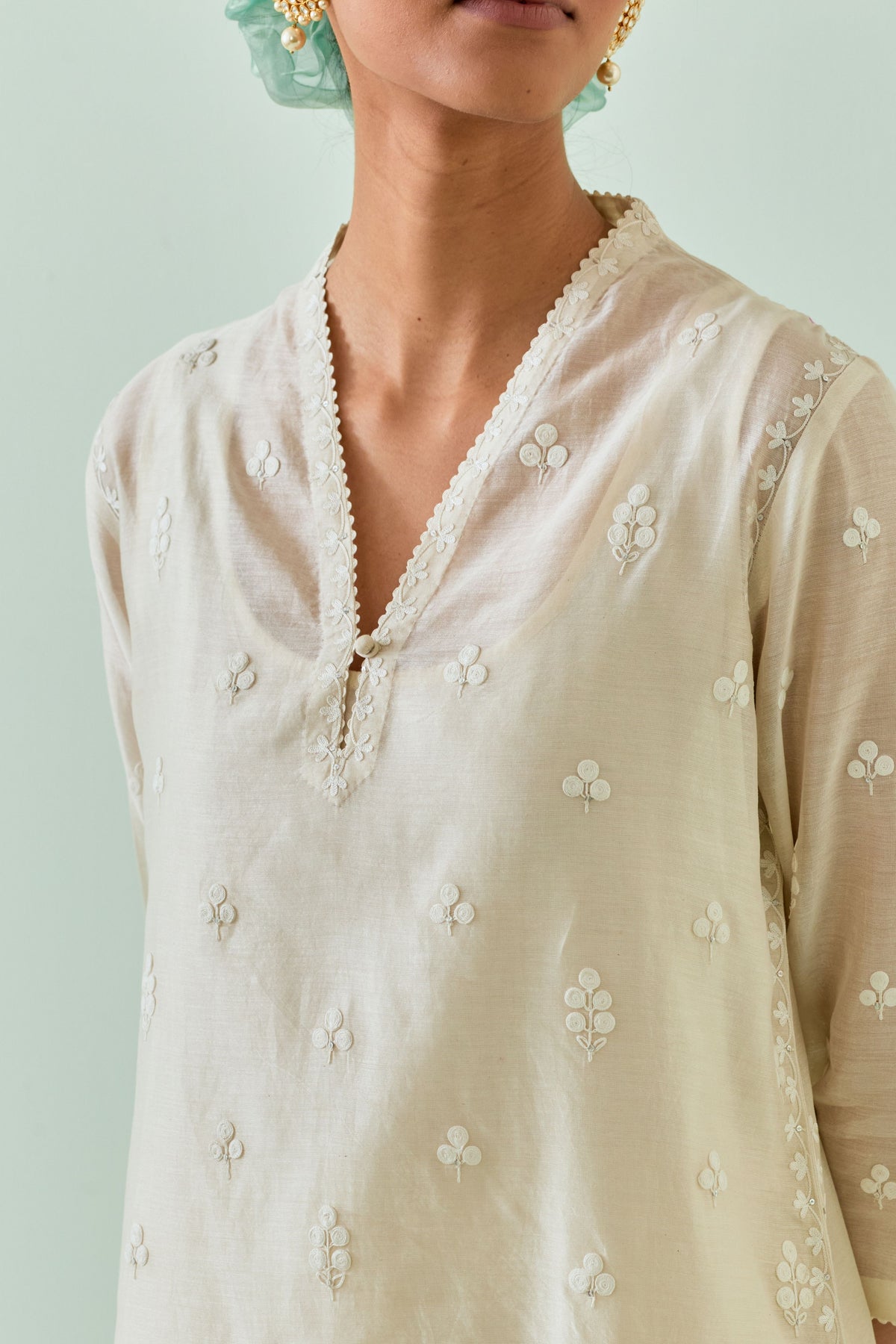 Off White Embroidered Straight Kurta Set