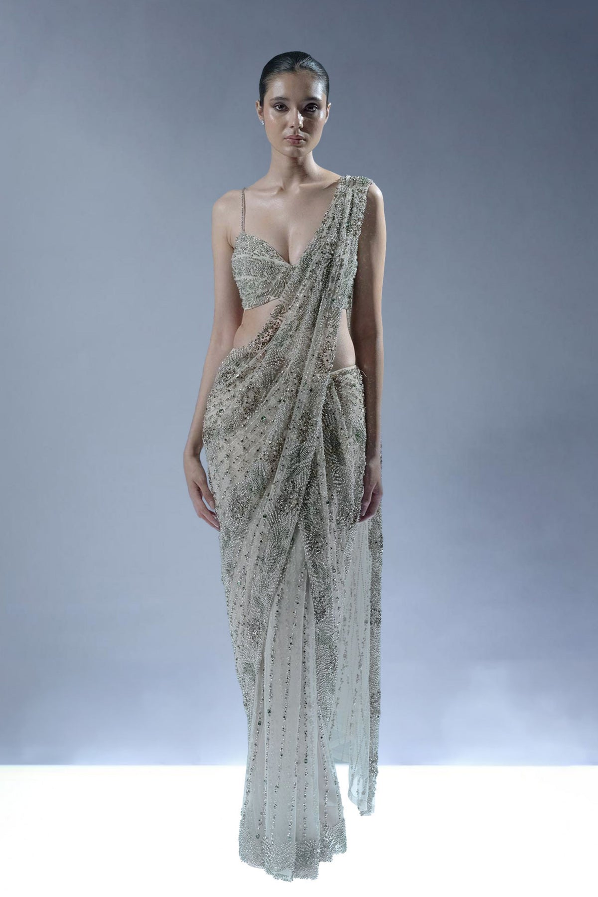 Ecru Crystal Embellished Pre-Draped Saree