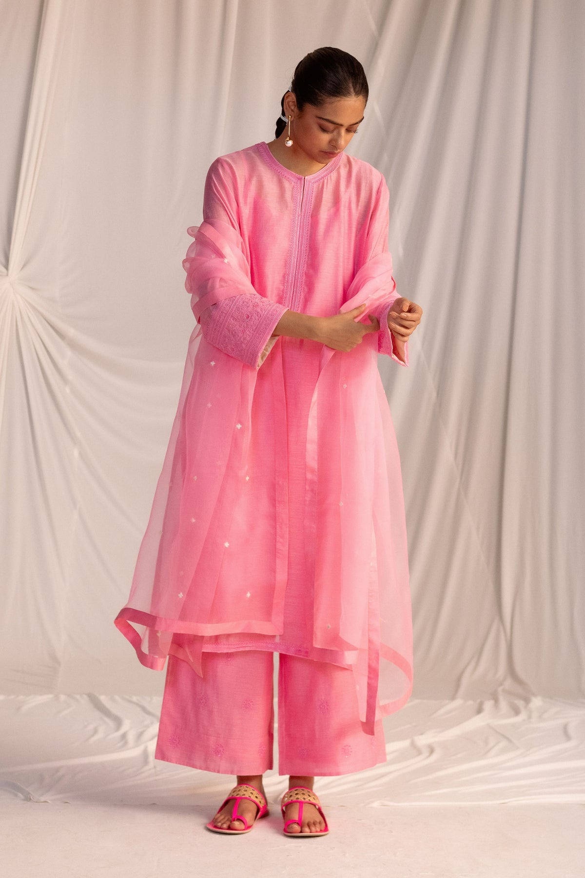 Pink Silk Embroidered Tunic Set
