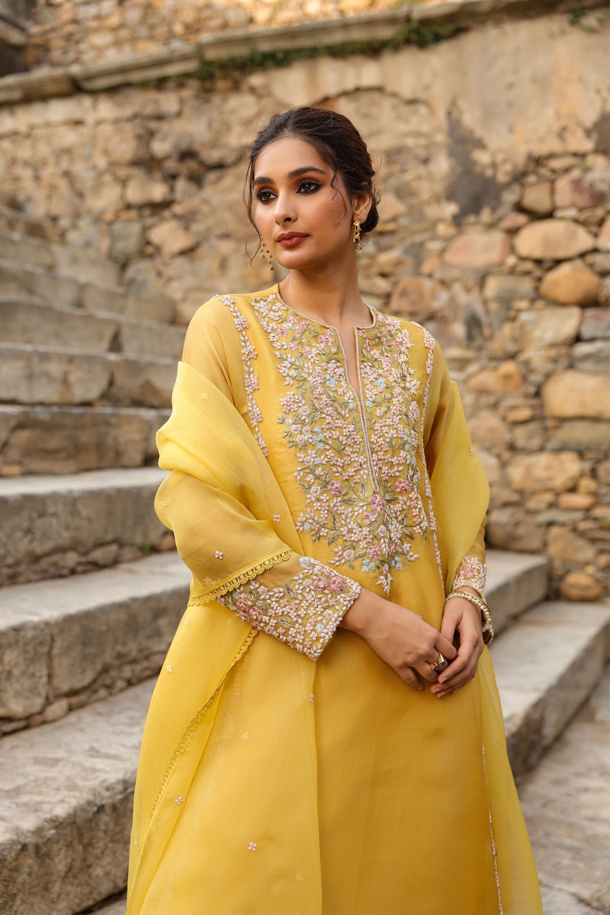 Vaayu Yellow Heavy Pheran Kurta Set