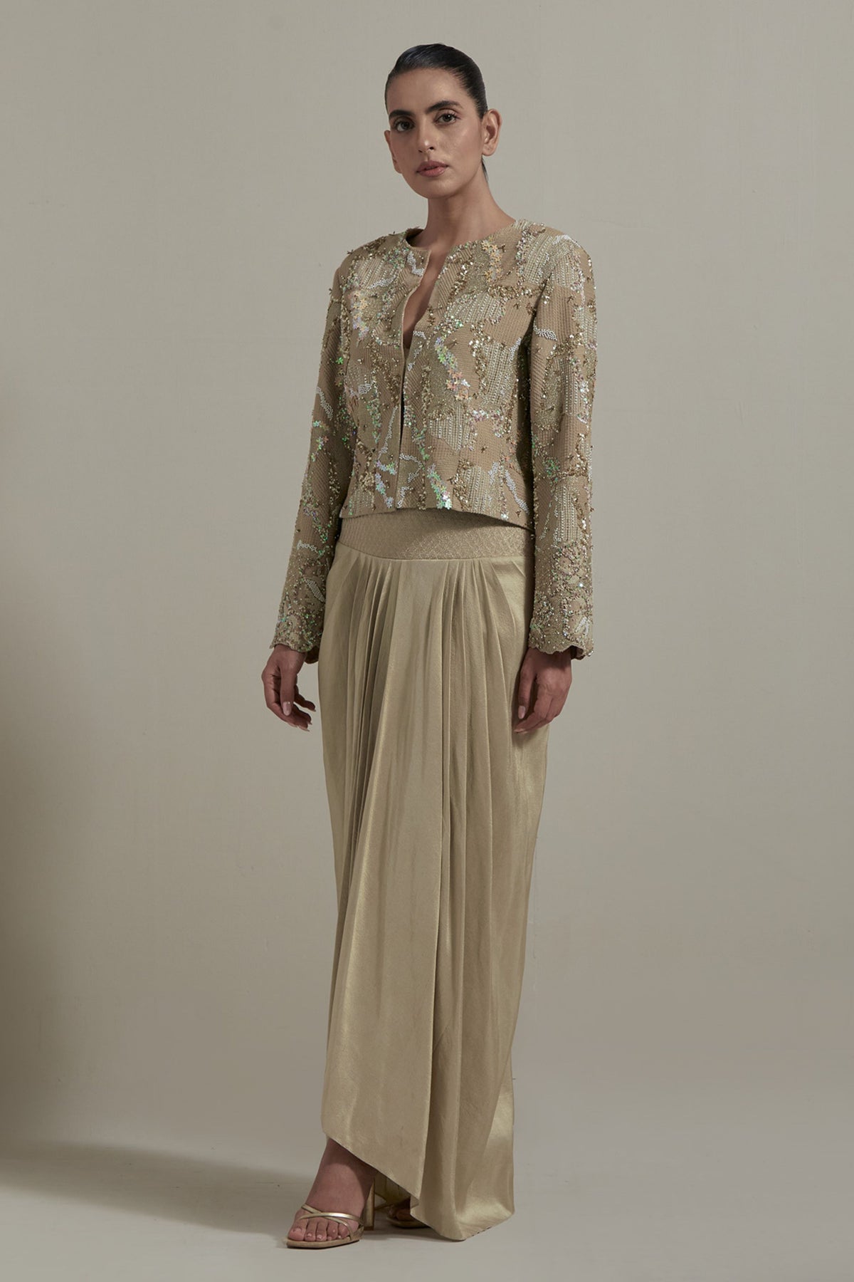 Beige Embellished Drape Skirt Set