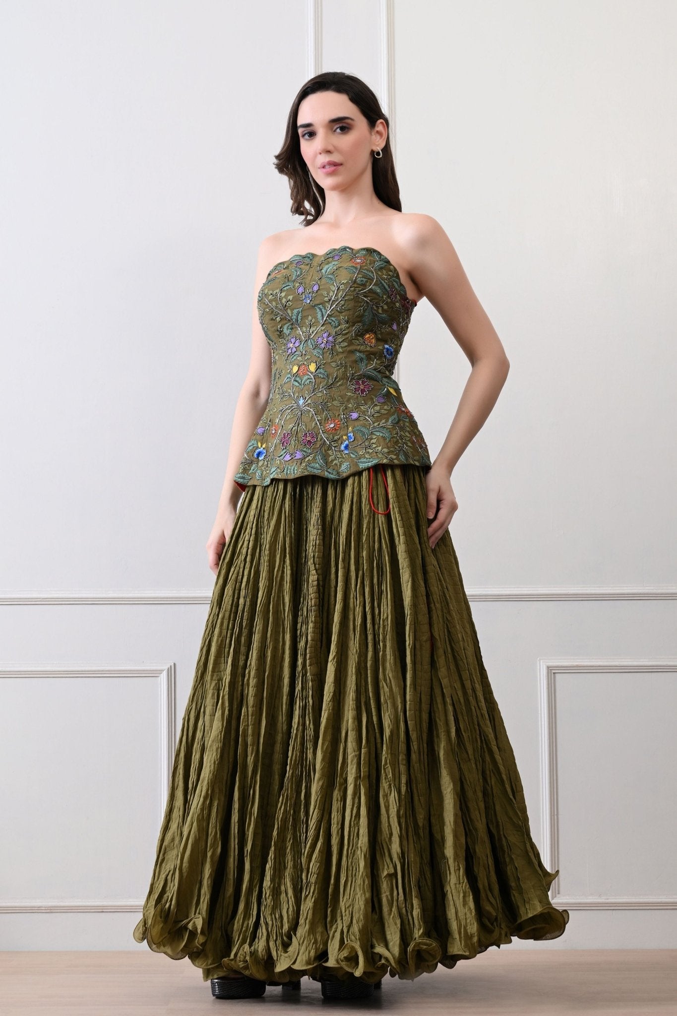 Olive Embroidered Corset Set - Samant Chauhan - Elahe