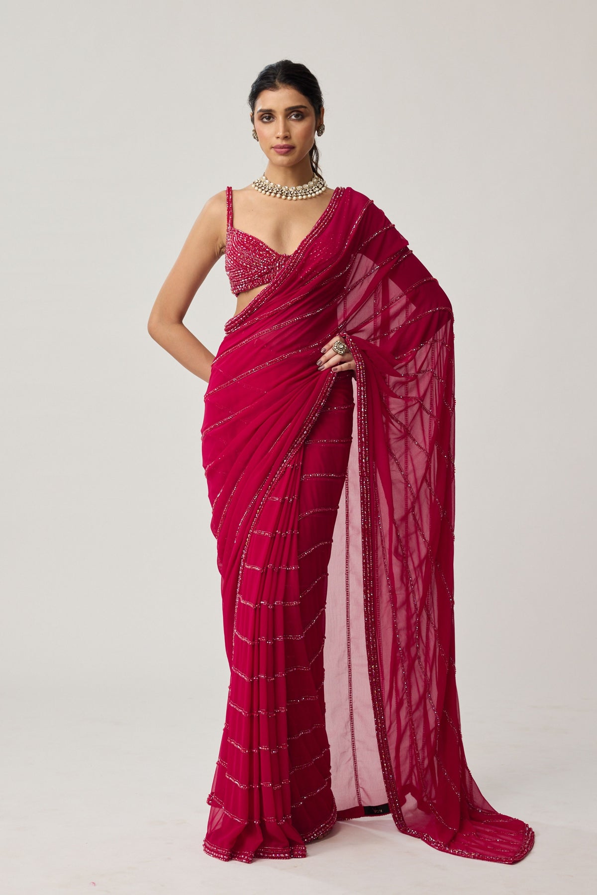 Ruby Red Crystal Saree Set