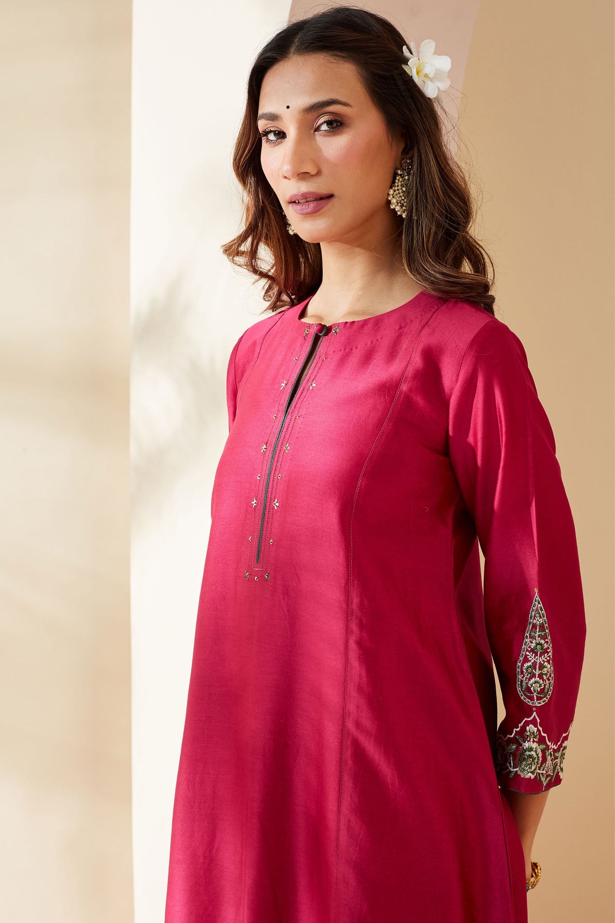 Magenta Floral Chanderi Kurta Set