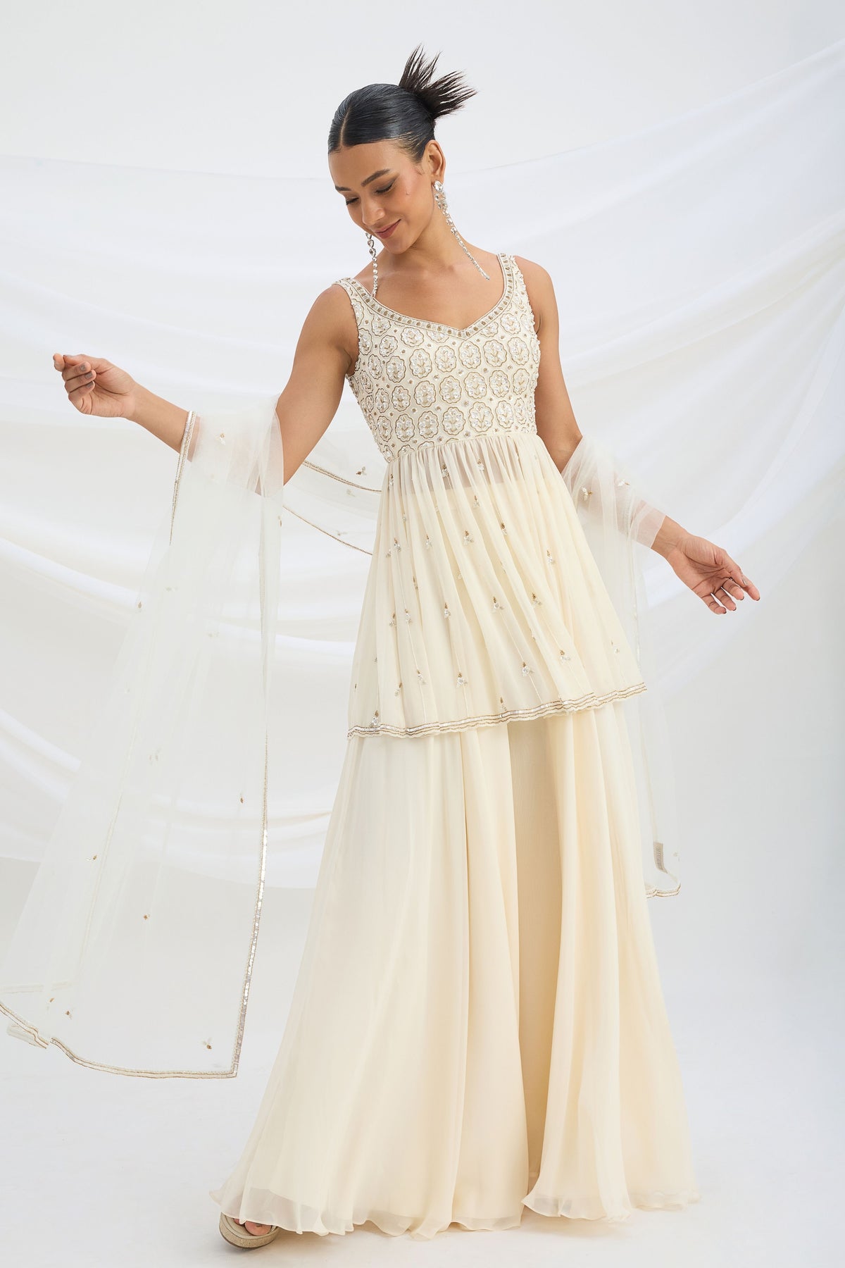 Beige Embroidered Sharara Set