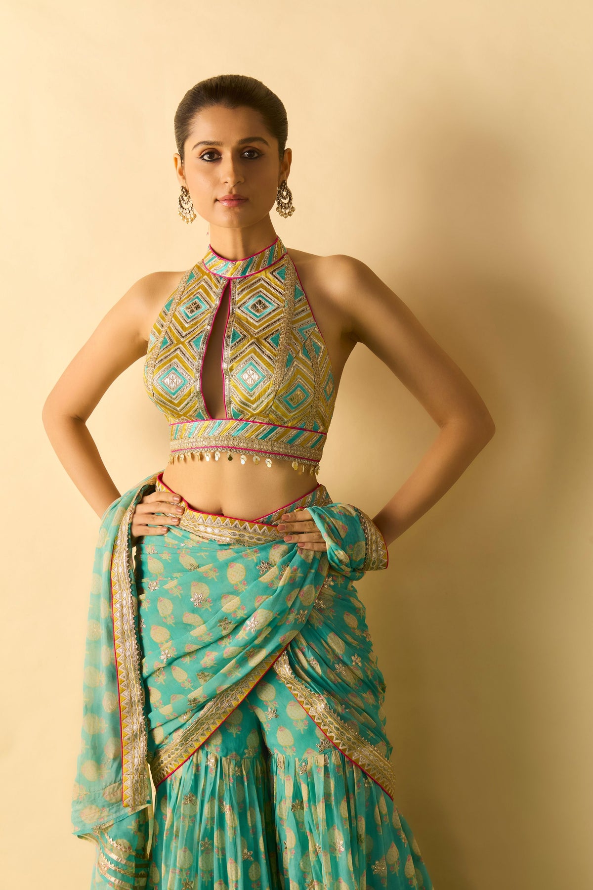 Labdhi Aqua Draped Saree Set