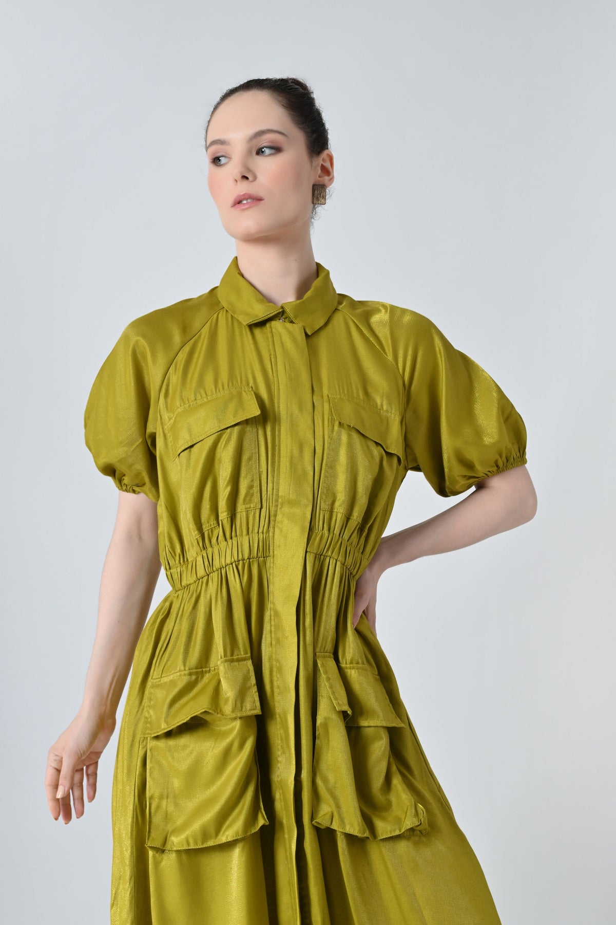 Olive Gathered Utility Dress