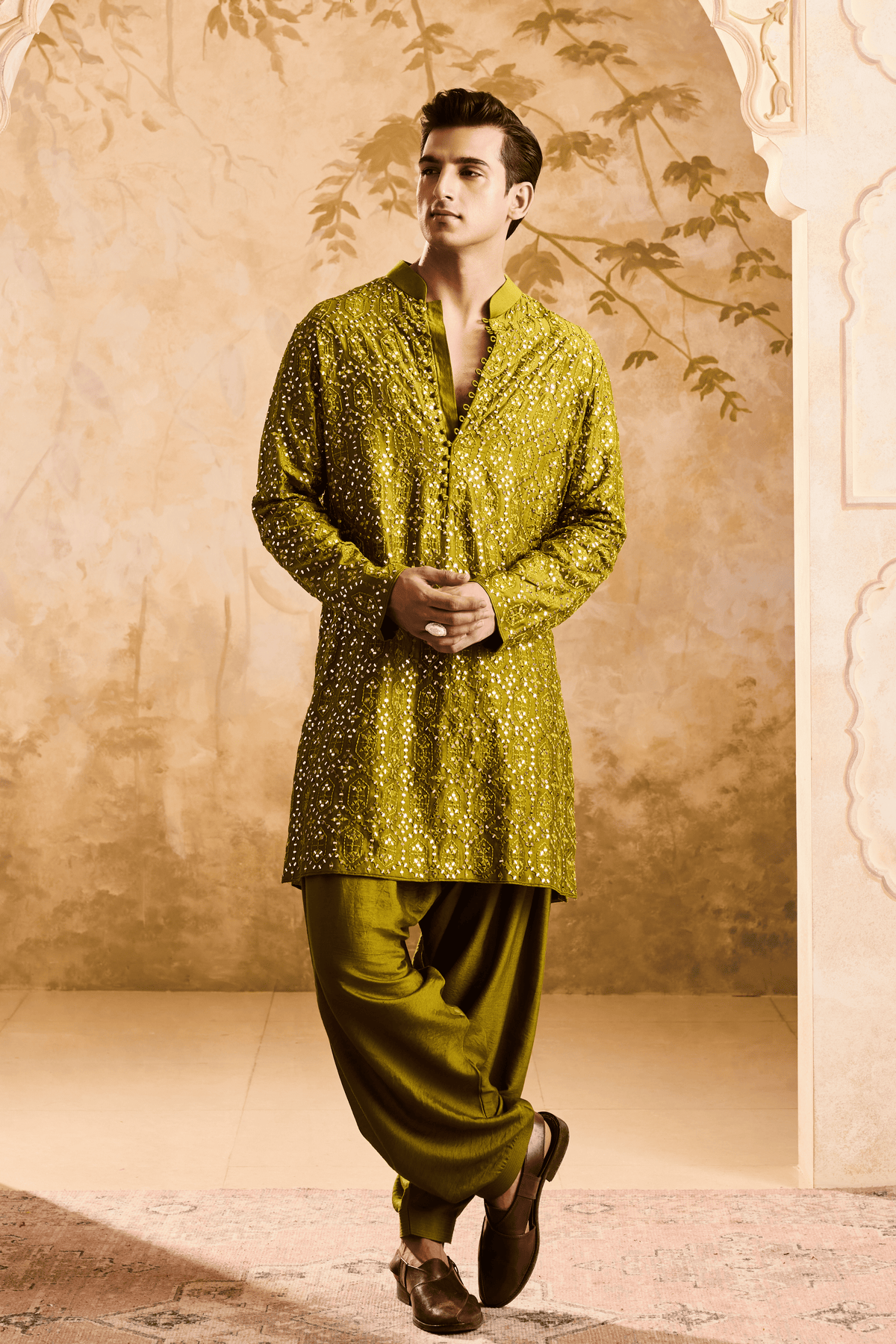 Embroidered Mehendi Green Kurta Set