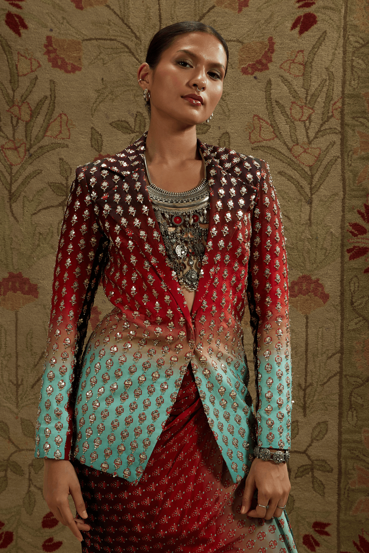Embellished Blazer With Drape Skirt