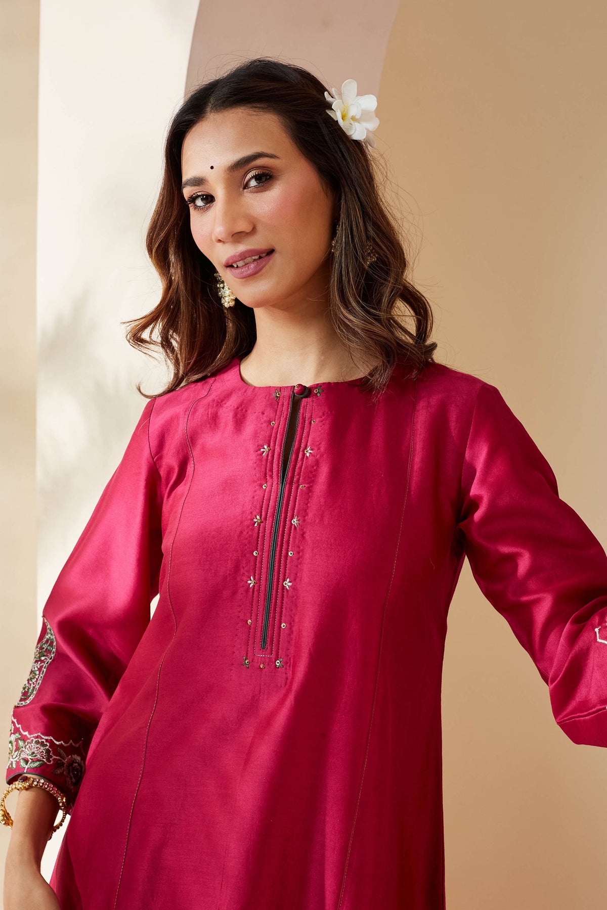 Magenta Floral Chanderi Kurta Set