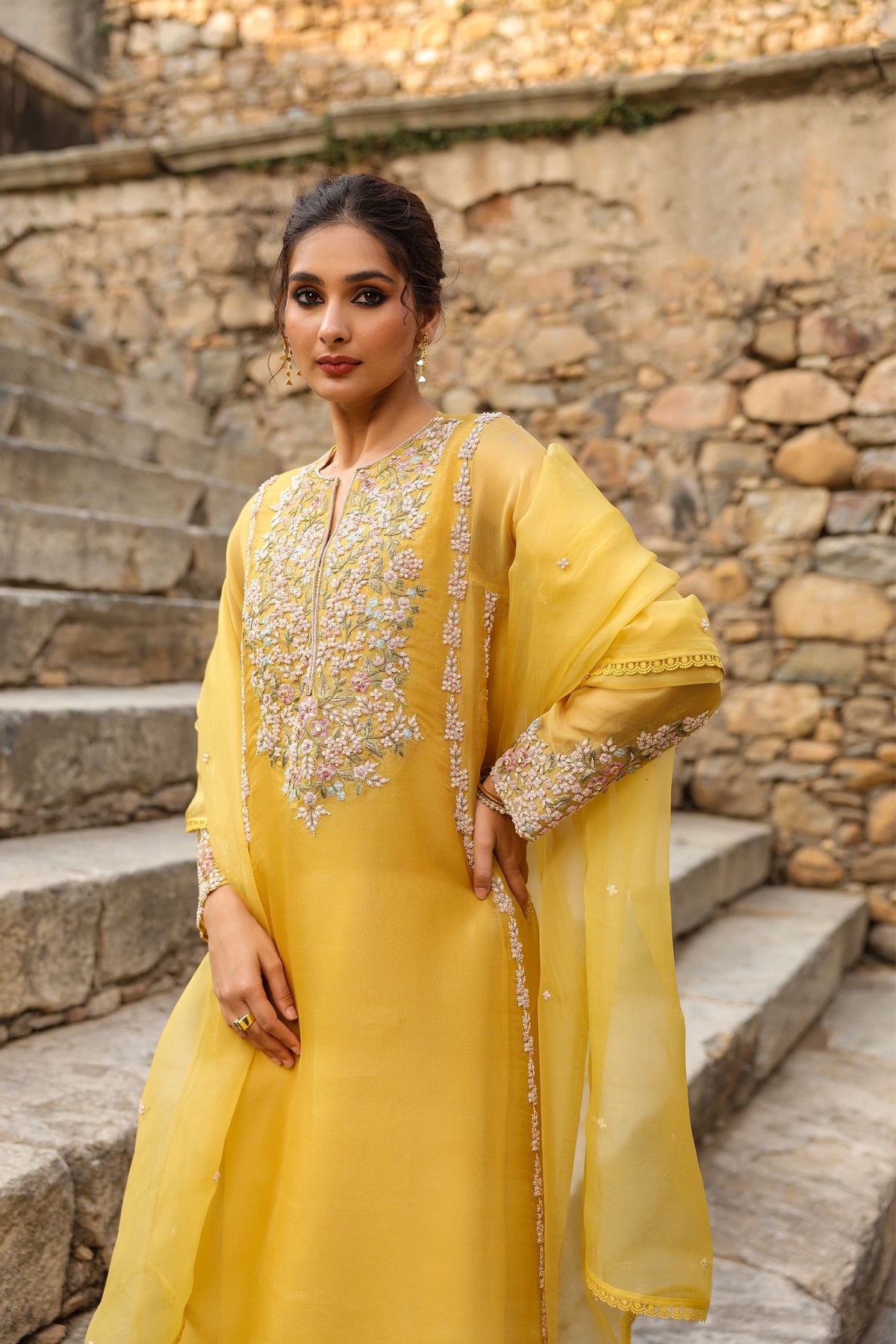 Vaayu Yellow Heavy Pheran Kurta Set