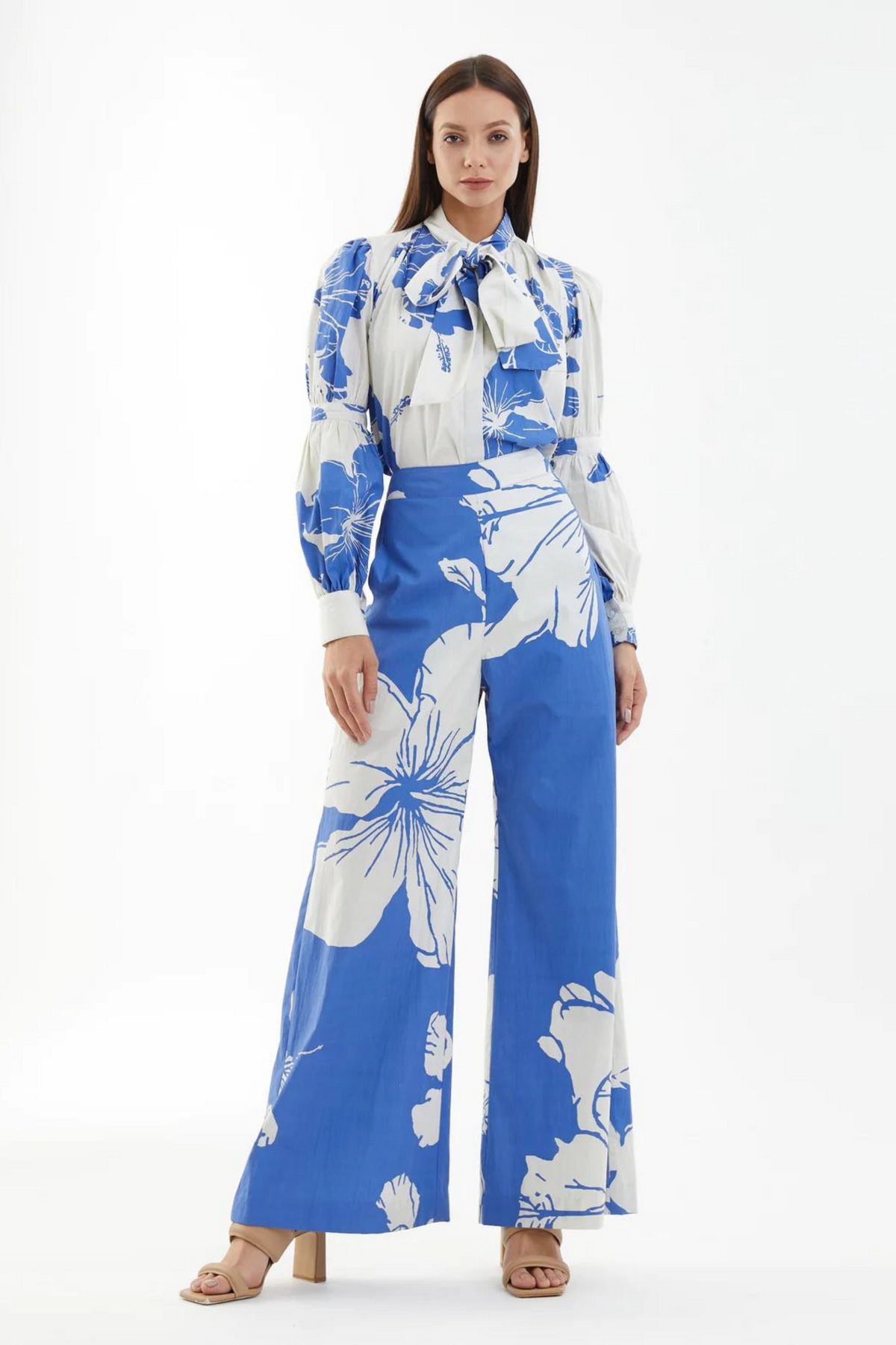 White And Blue Floral Bow Tie Shirt