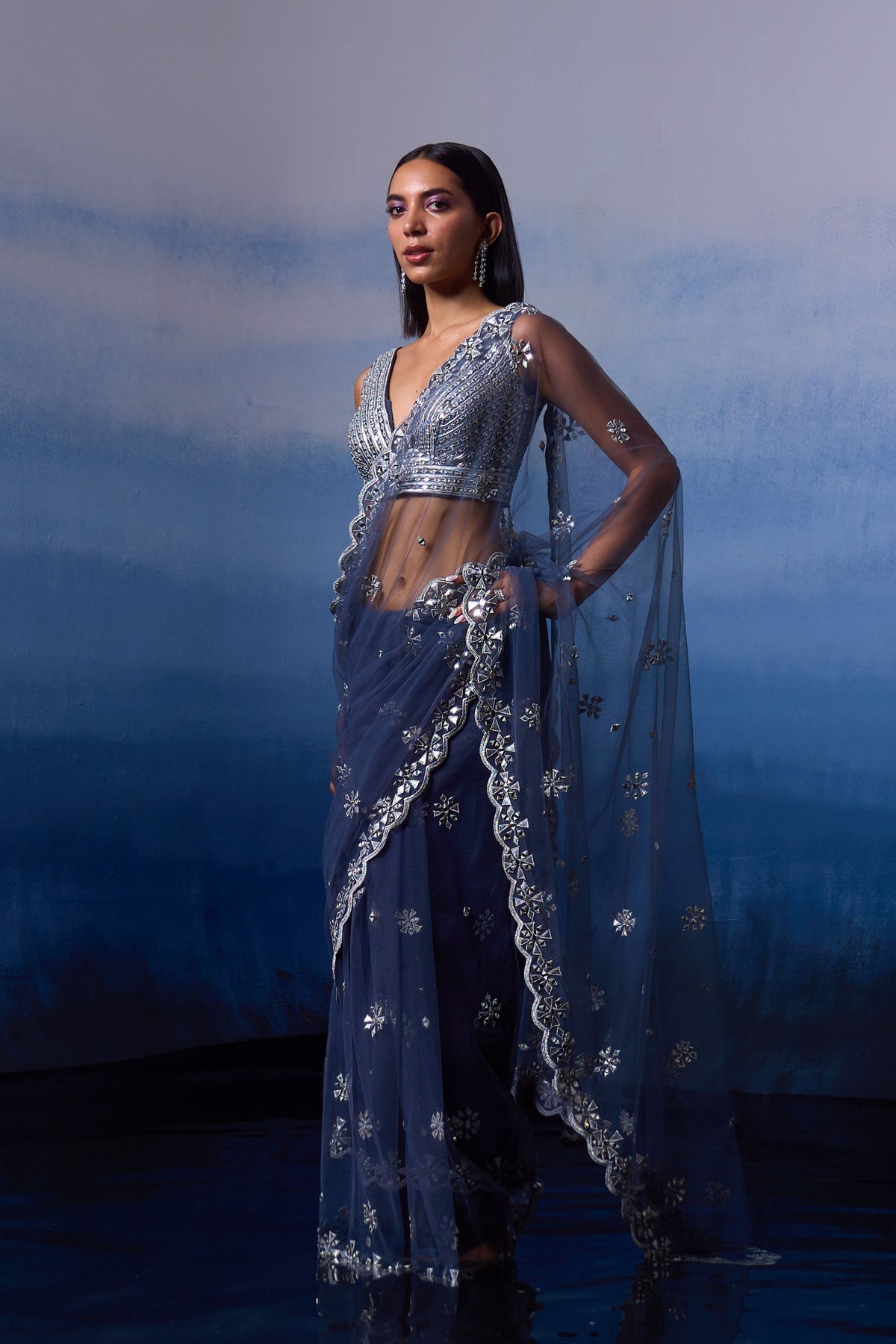 Grey Embroidered Saree Set