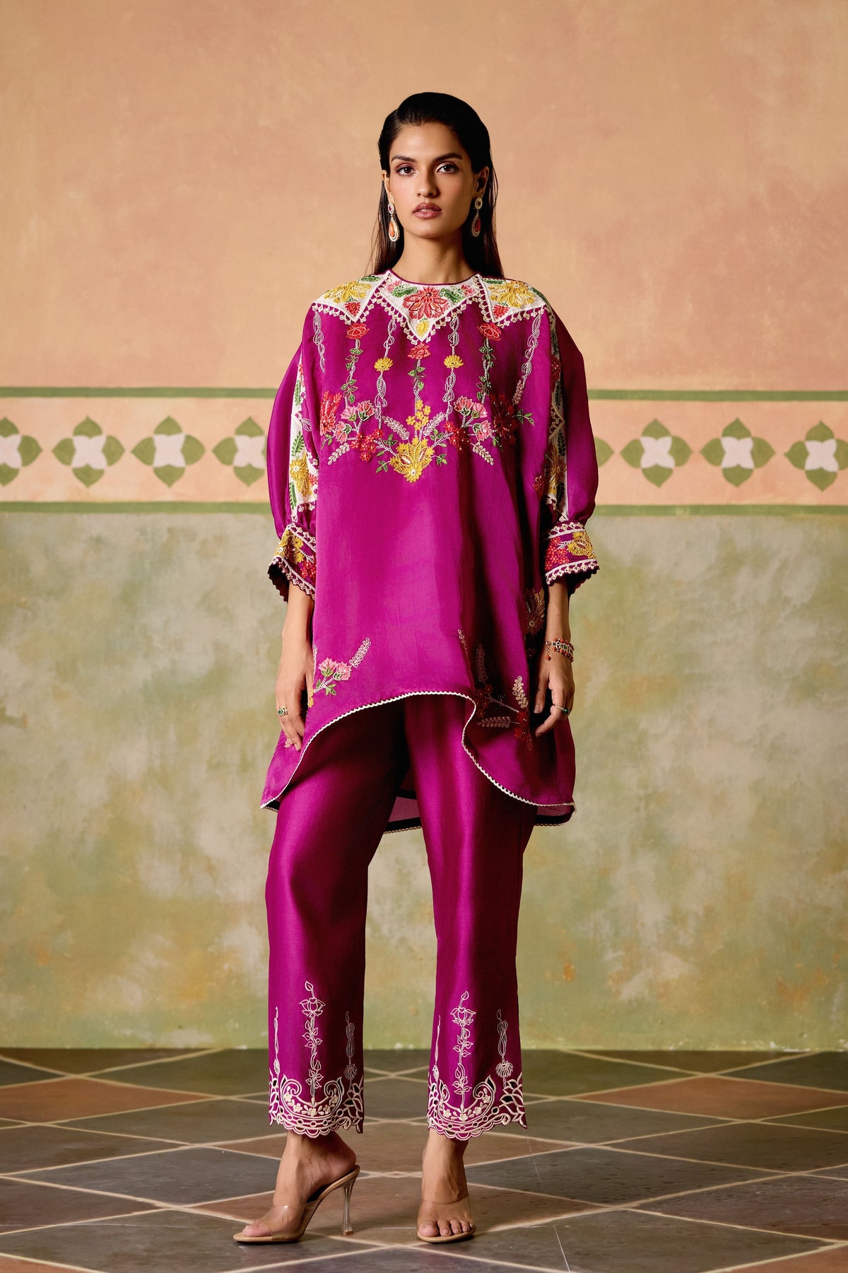 Purple Embroidered Kimono Co-ord Set