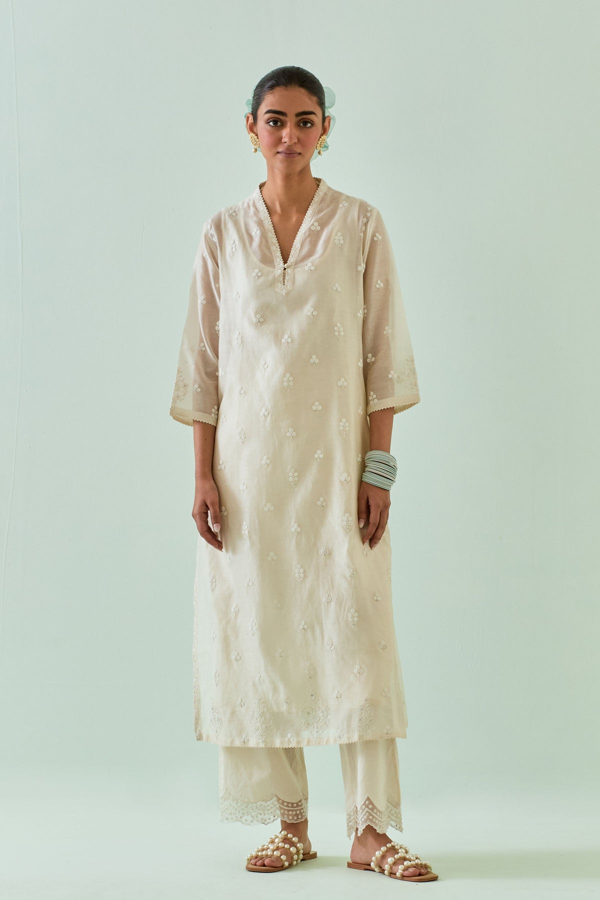 Off White Embroidered Straight Kurta Set