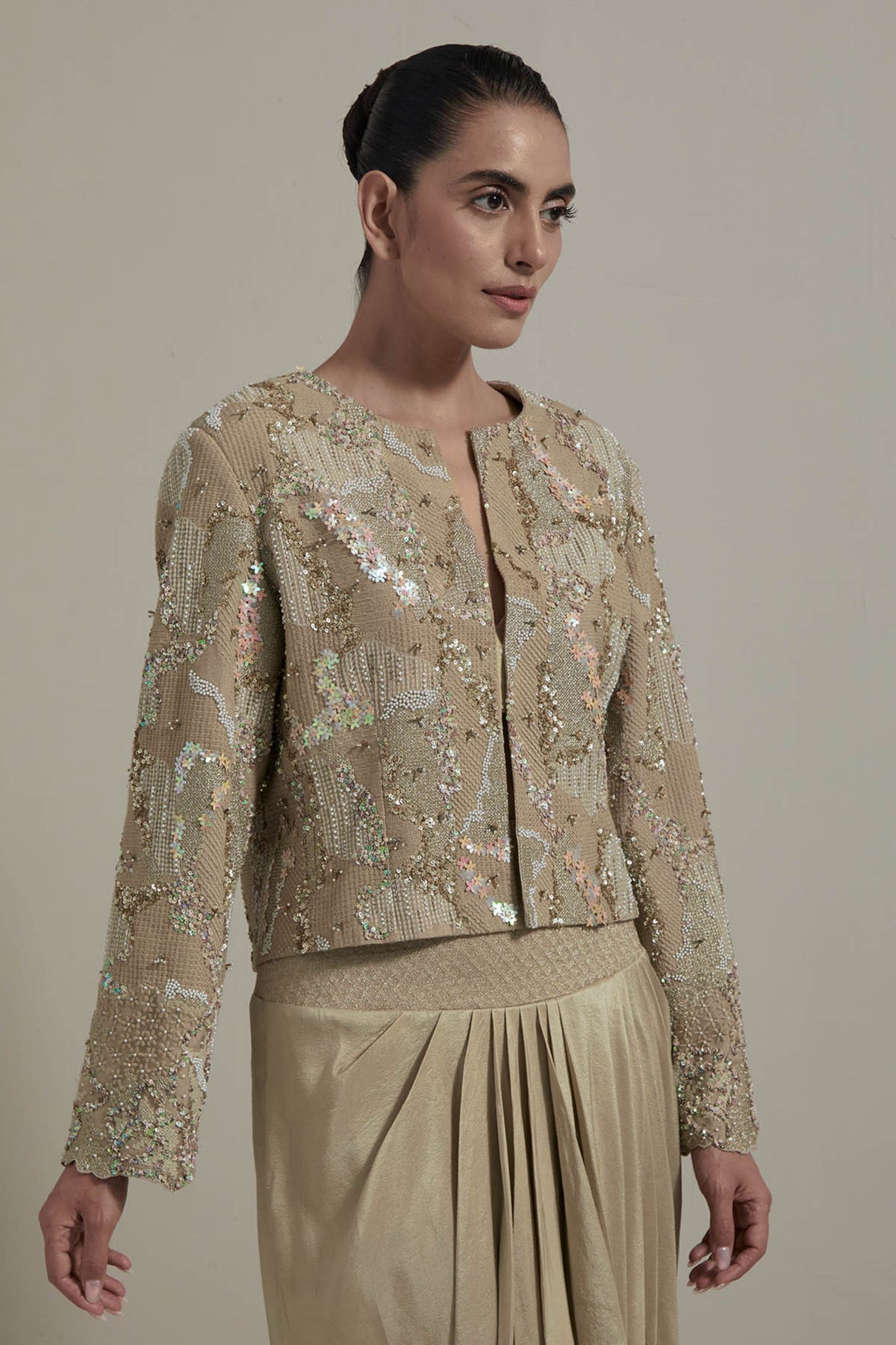 Beige Embellished Drape Skirt Set