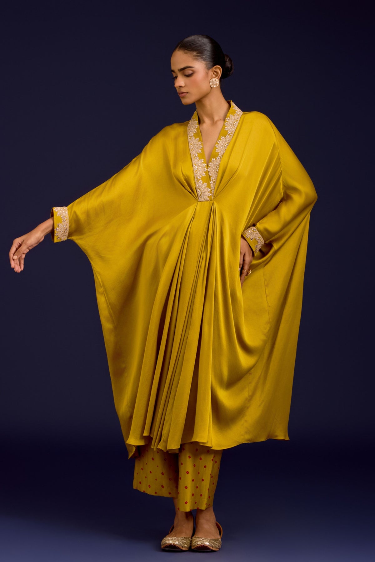 Mustard Embroidered Kaftan Set