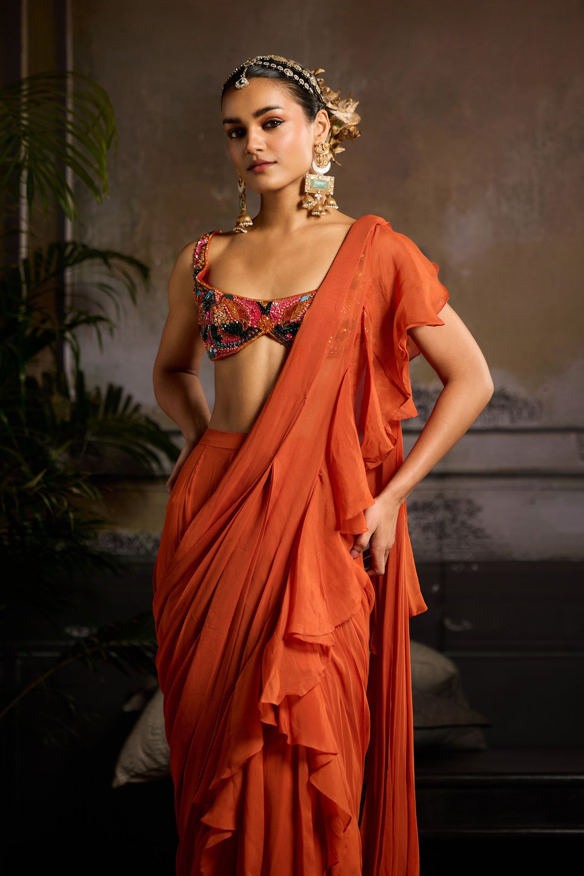 Rust Embroidered Saree Set