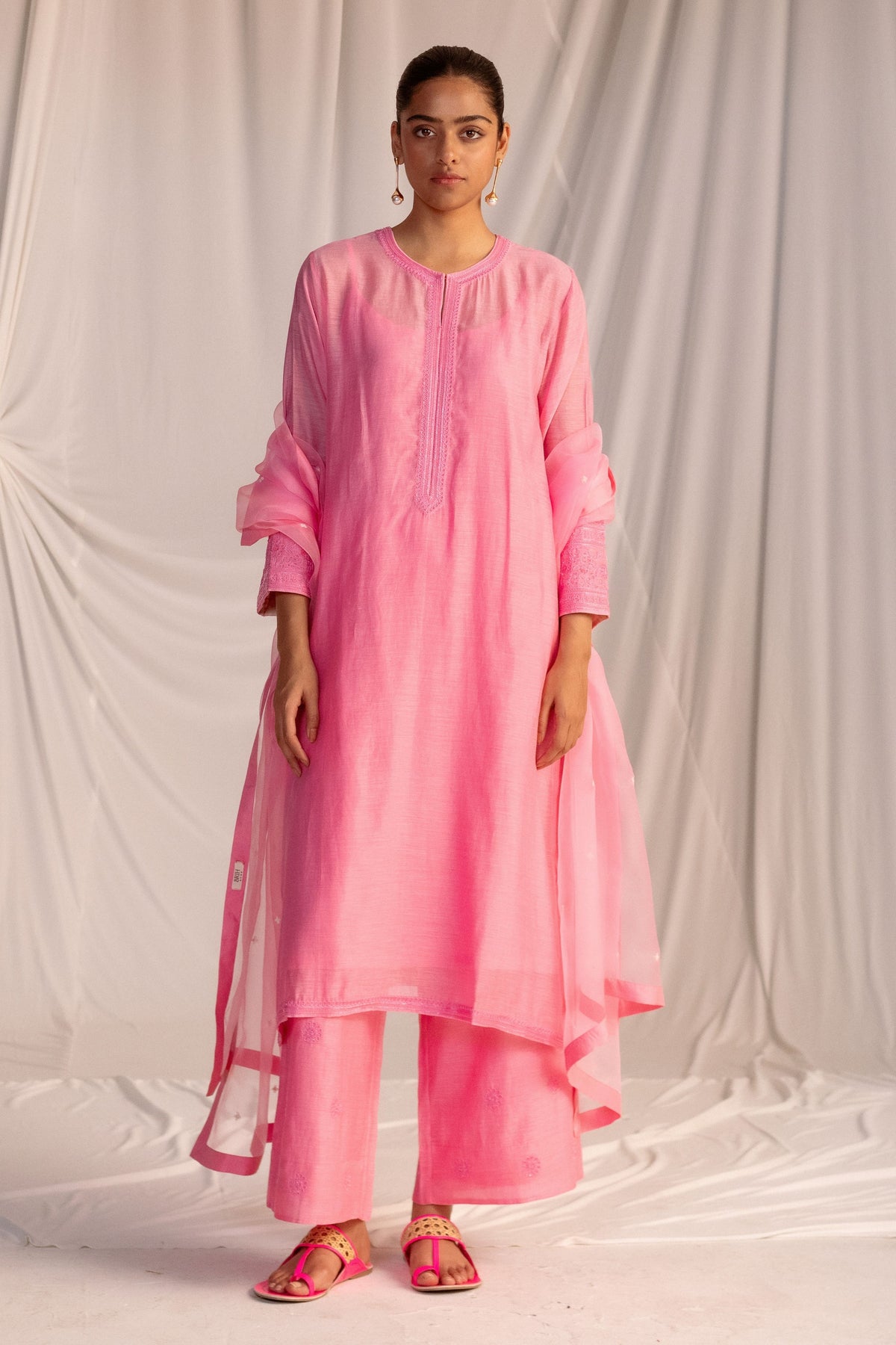 Pink Silk Embroidered Tunic Set