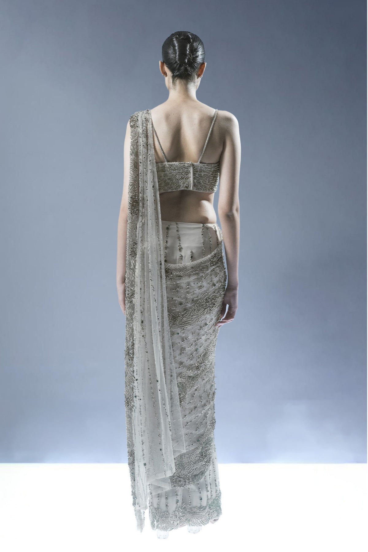 Ecru Crystal Embellished Pre-Draped Saree