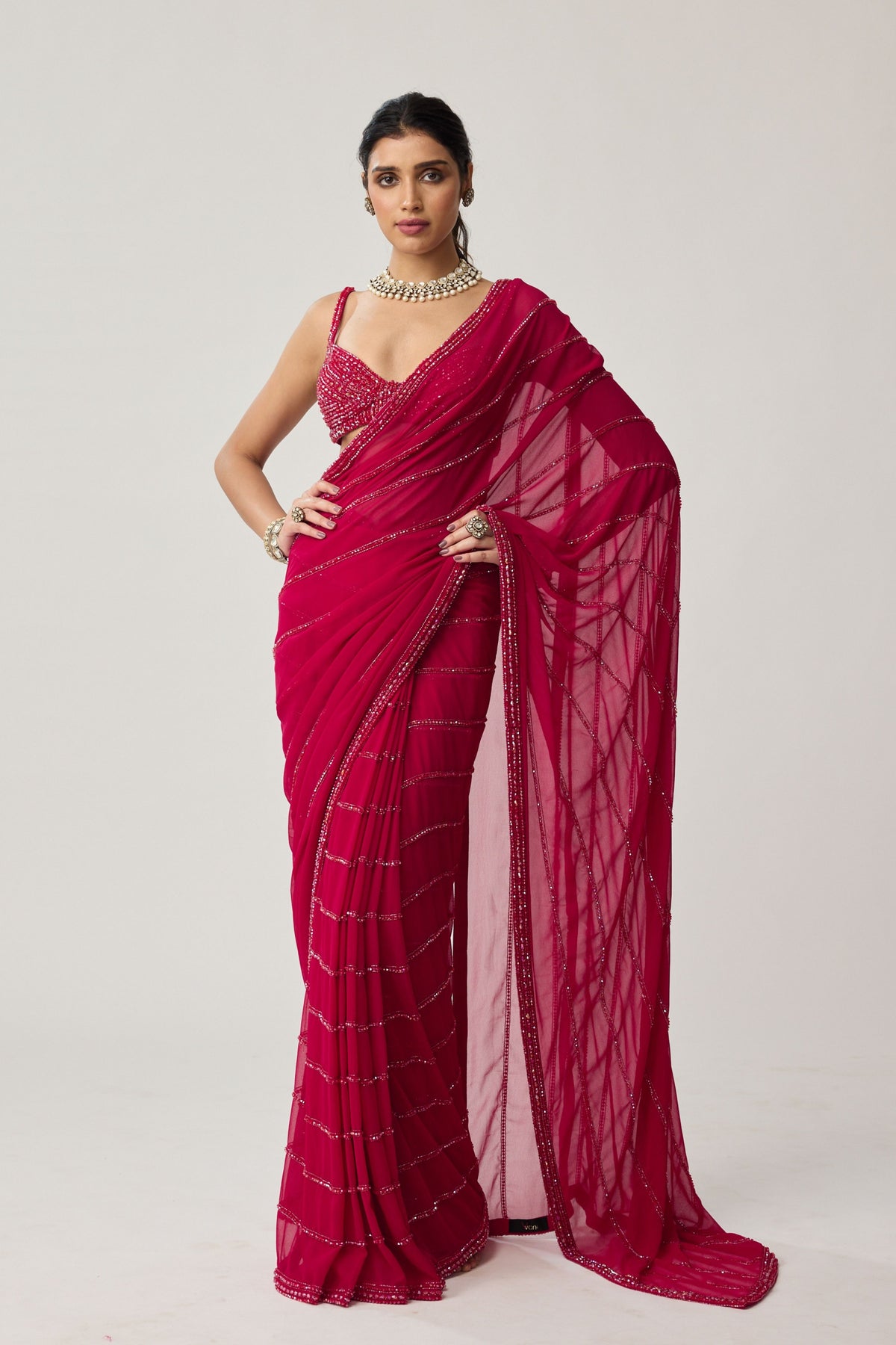 Ruby Red Crystal Saree Set