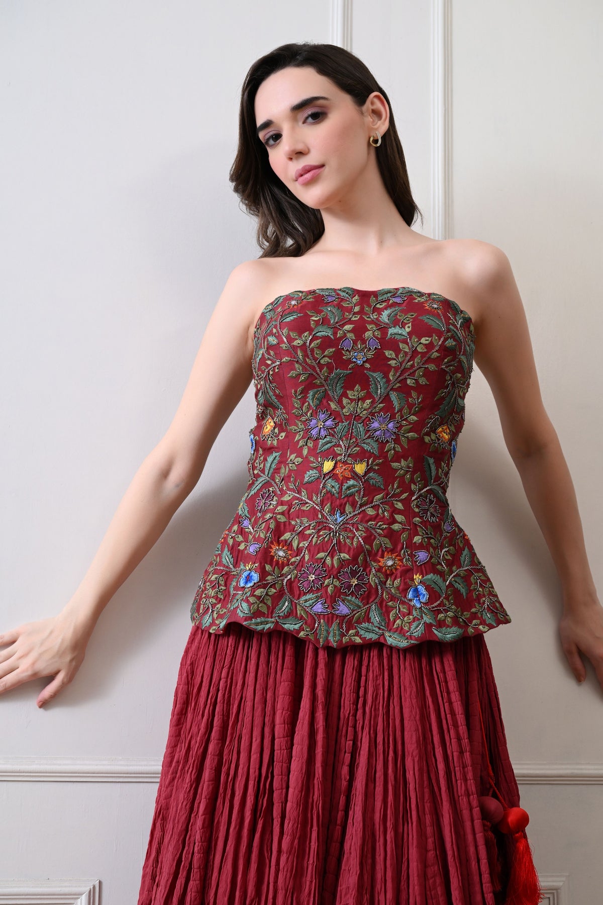 Maroon Embroidered Corset Set