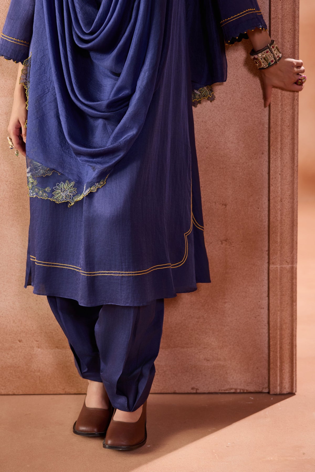 Navy Box Pleated Pants Kurta Set