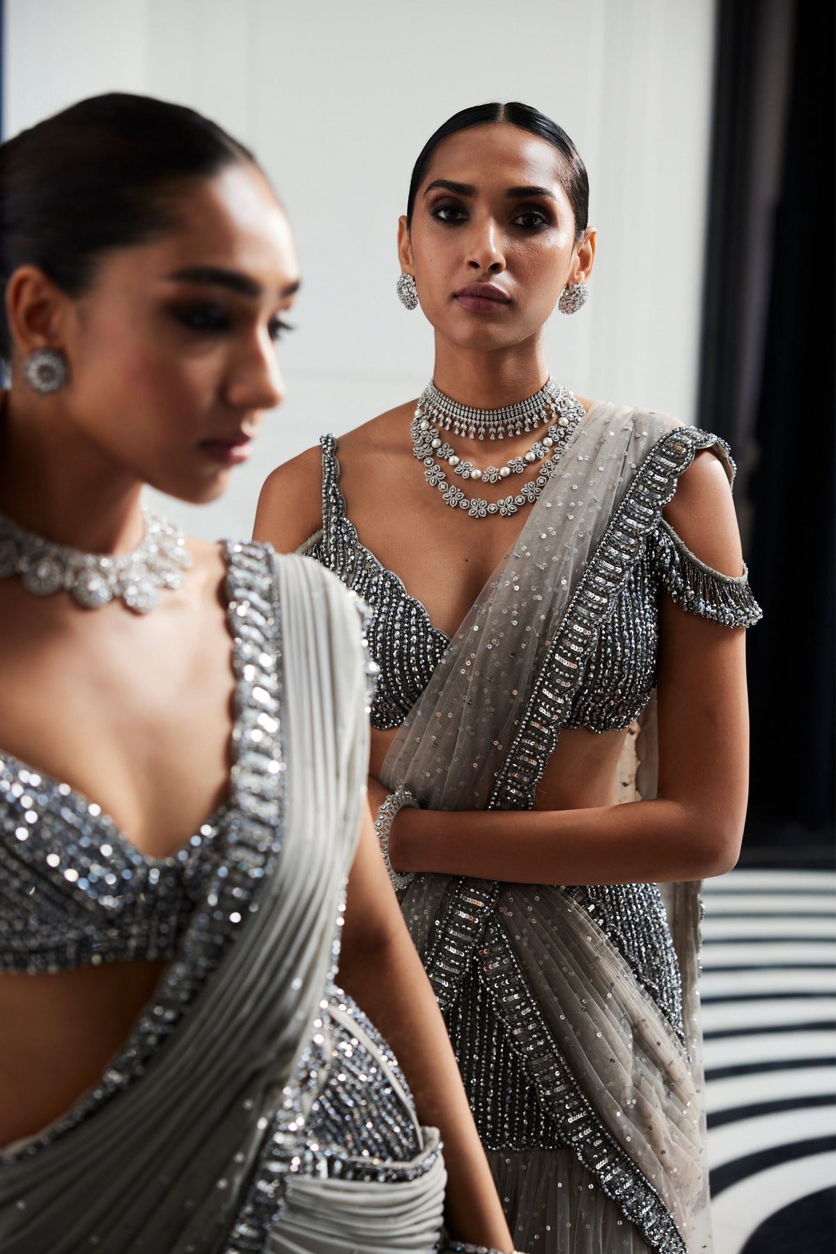 Grey Sequin Pre Draped Saree Set