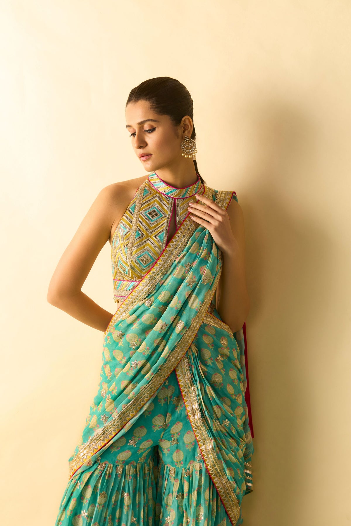 Labdhi Aqua Draped Saree Set