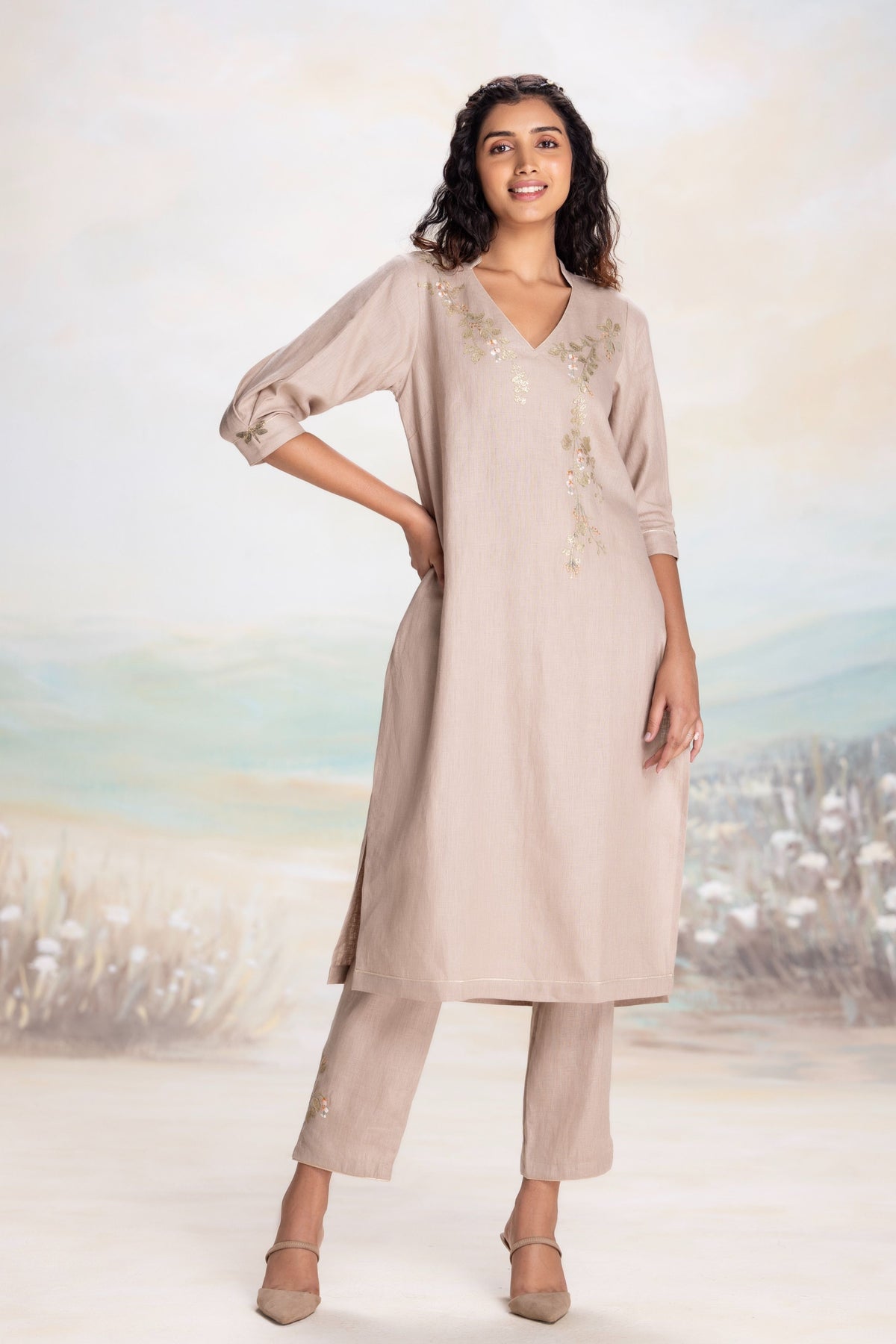Golden Leaf Cement Kurta Set