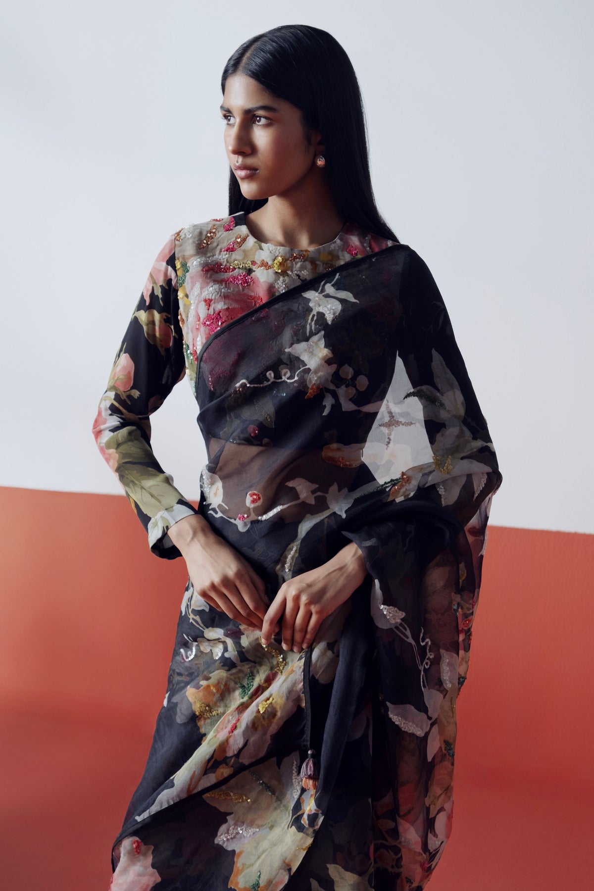 Carmine Embroidered Saree