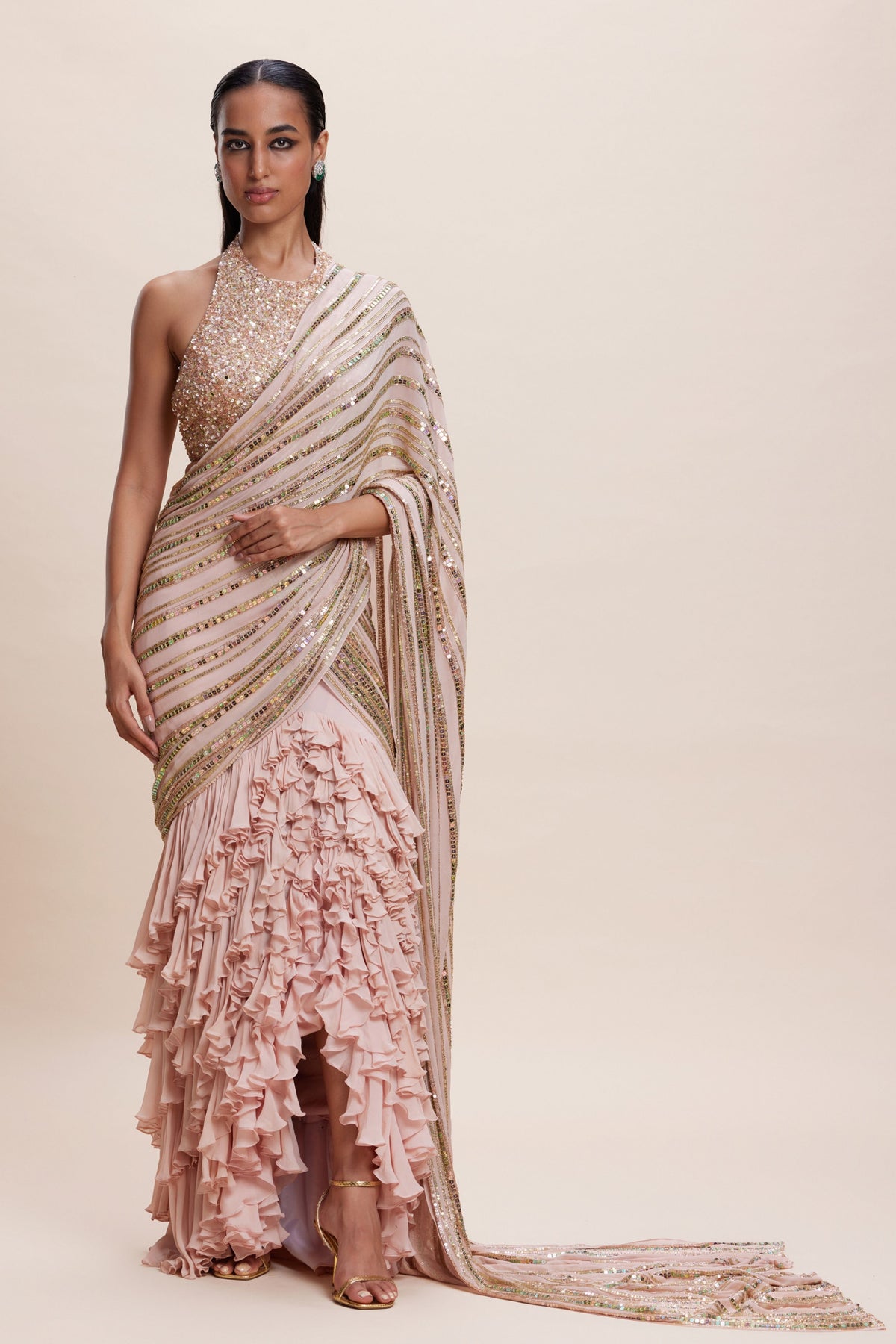 Pink Ruffle Draped Saree Set