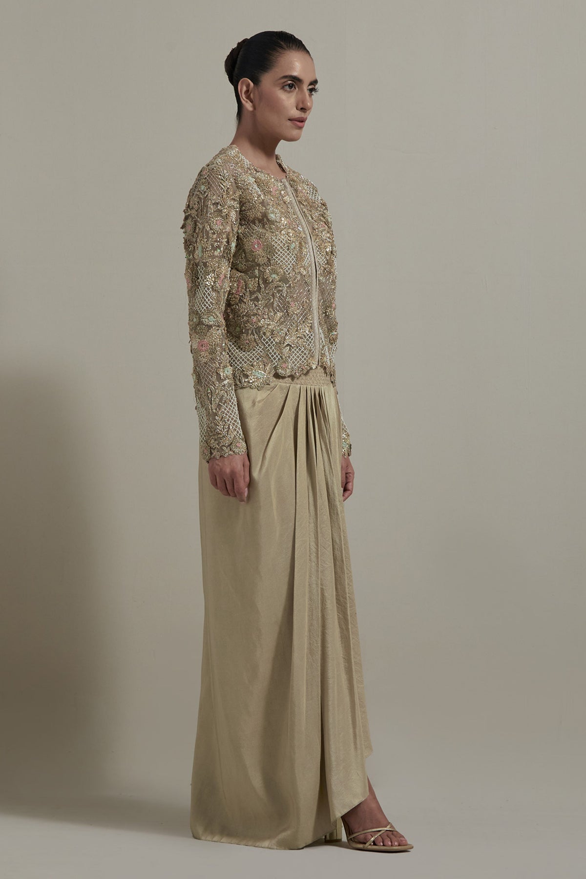 Beige Embellished Jacket Set