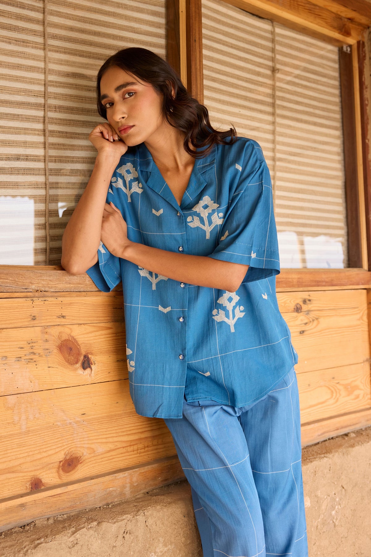 Blue Embroidered Drop Shoulder Shirt