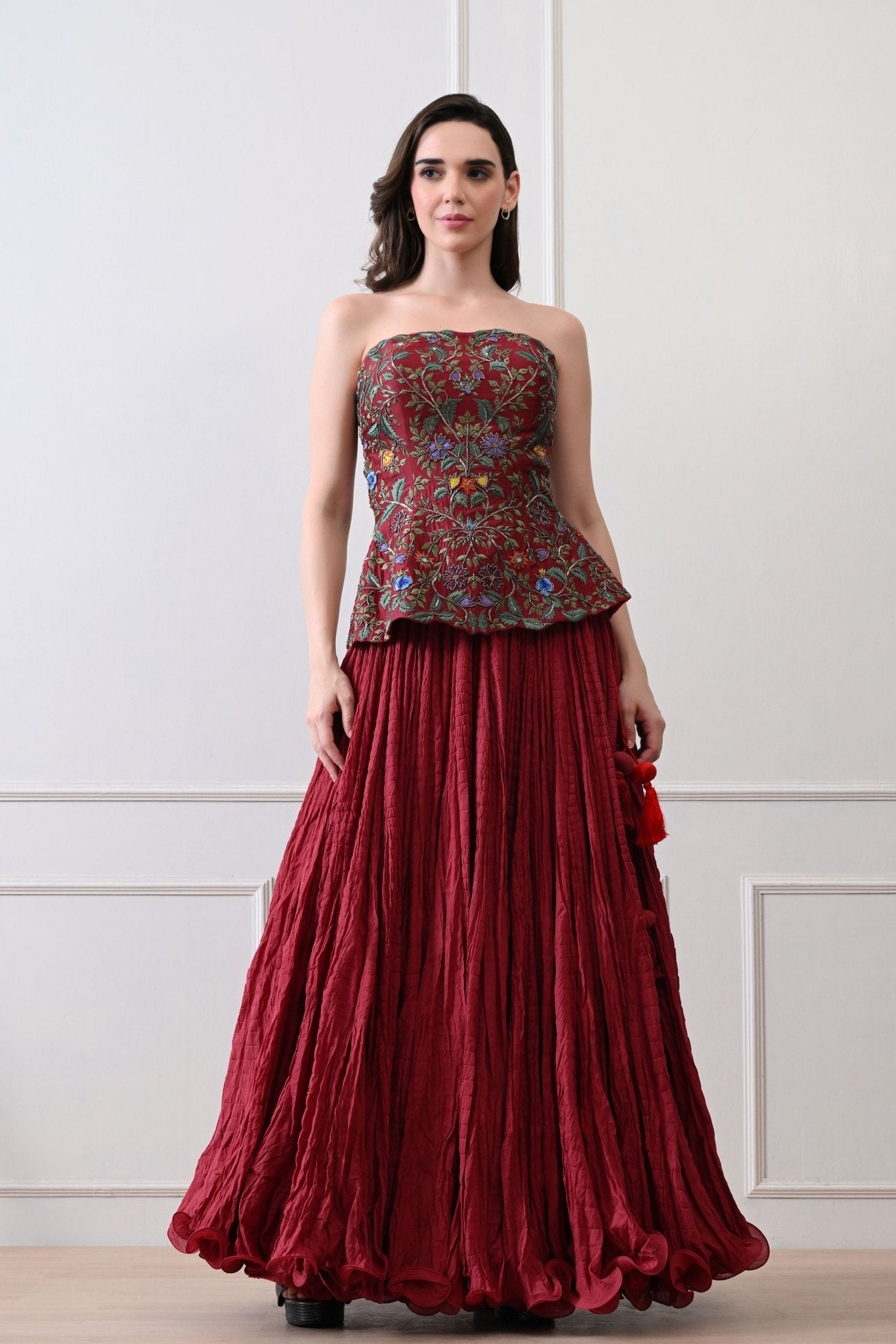 Maroon Embroidered Corset Set - Samant Chauhan - Elahe
