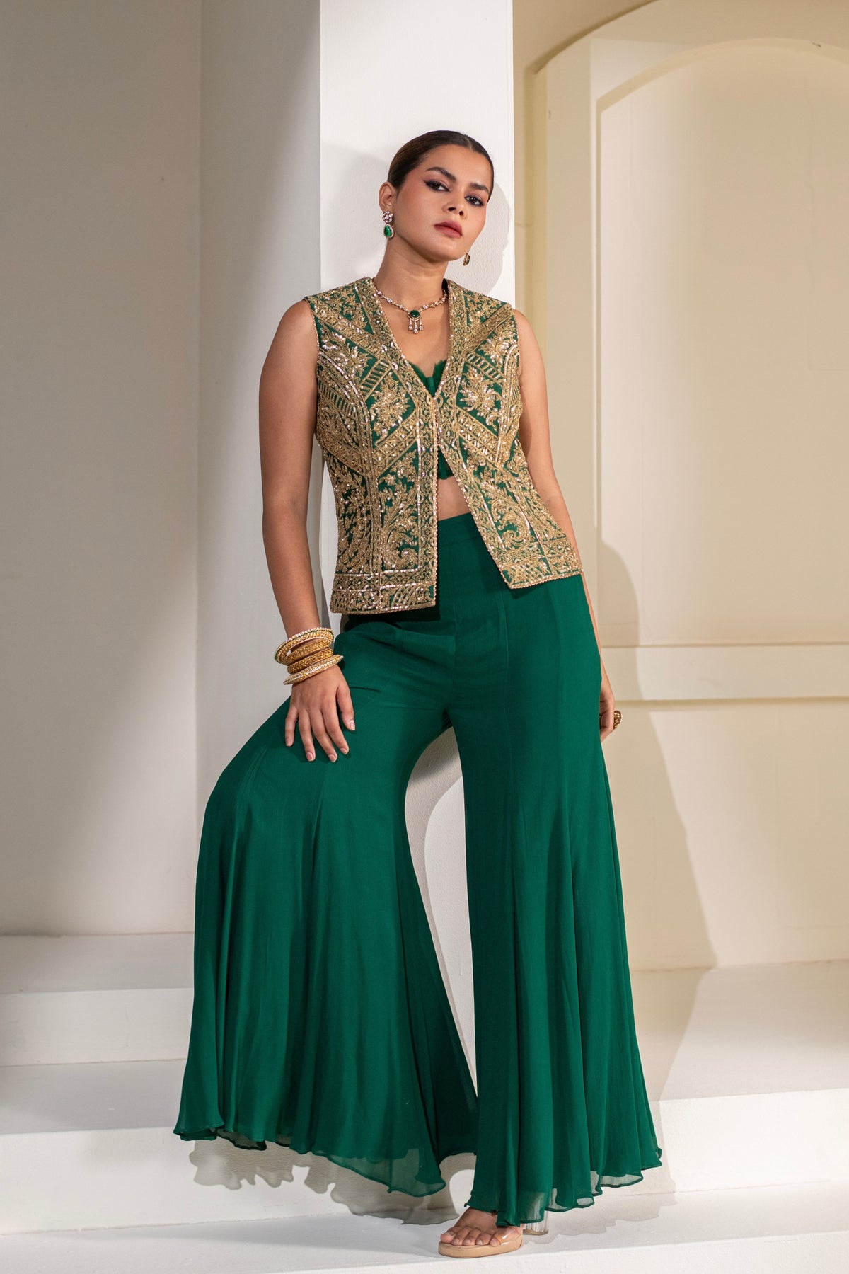 Emerald Green Embellished Jacket Set