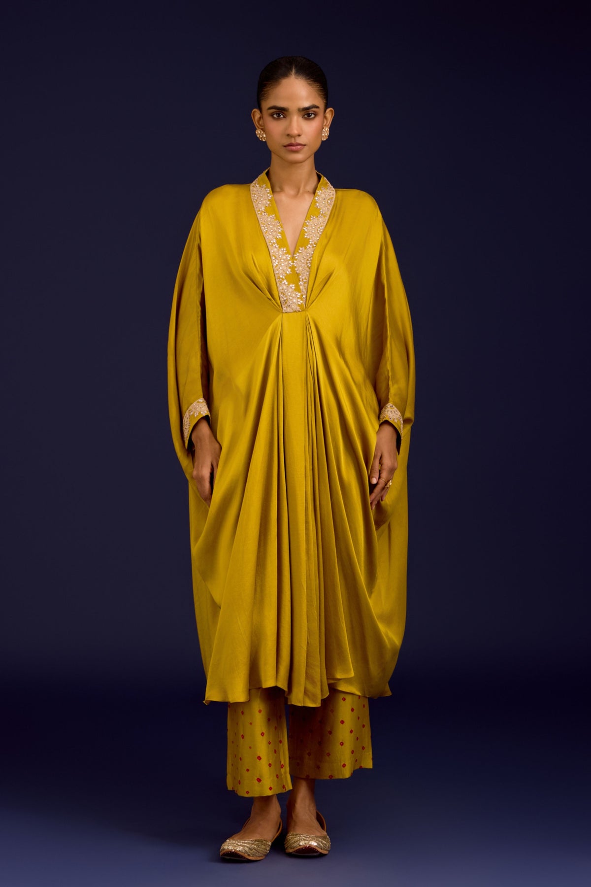 Mustard Embroidered Kaftan Set