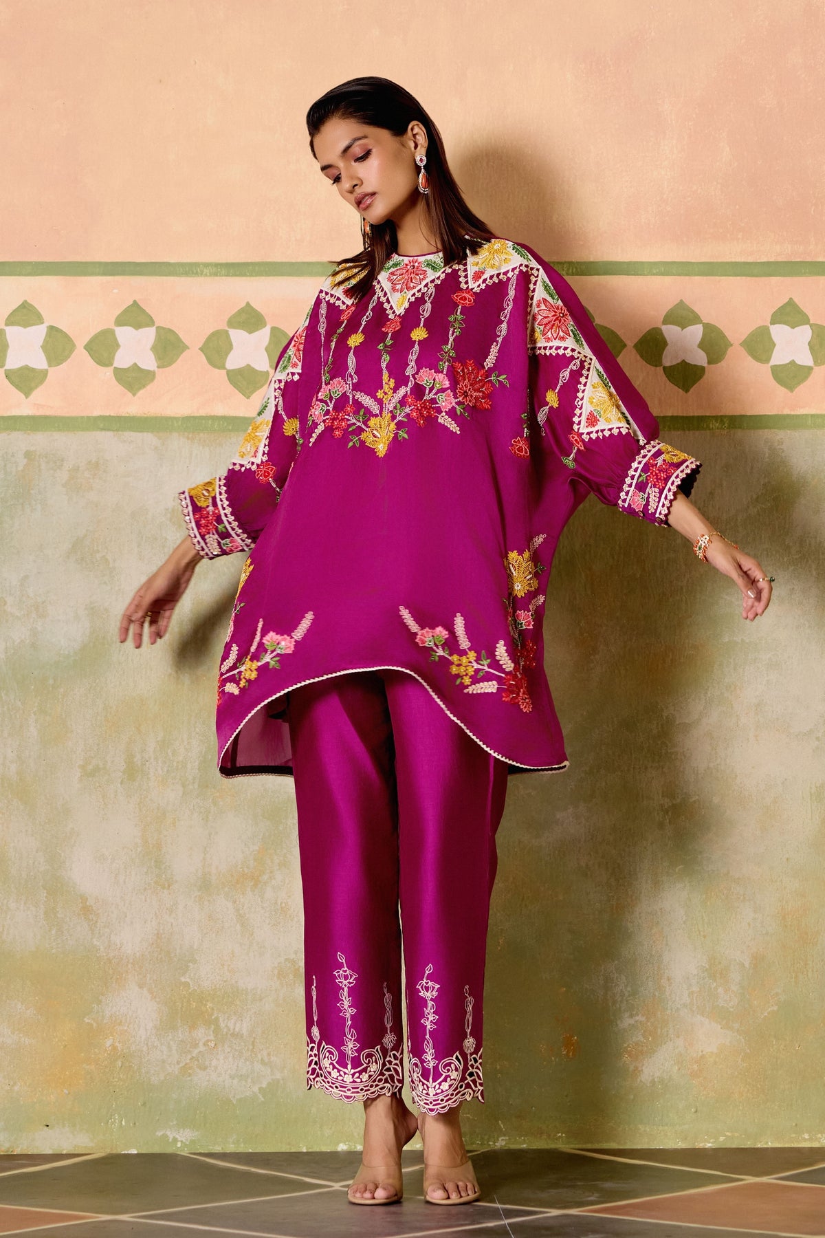 Purple Embroidered Kimono Co-ord Set
