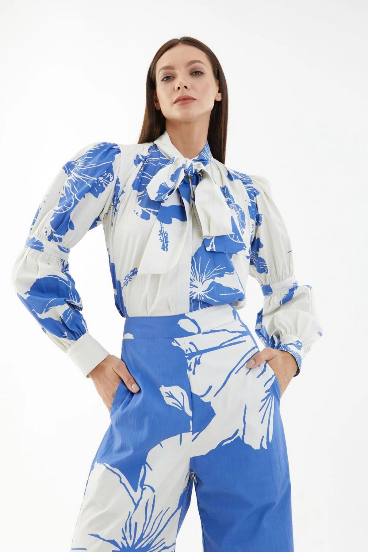 White And Blue Floral Bow Tie Shirt