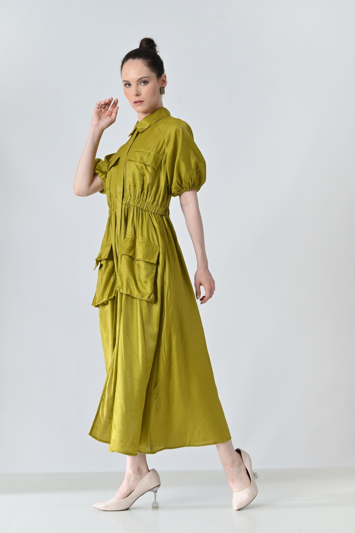 Olive Gathered Utility Dress