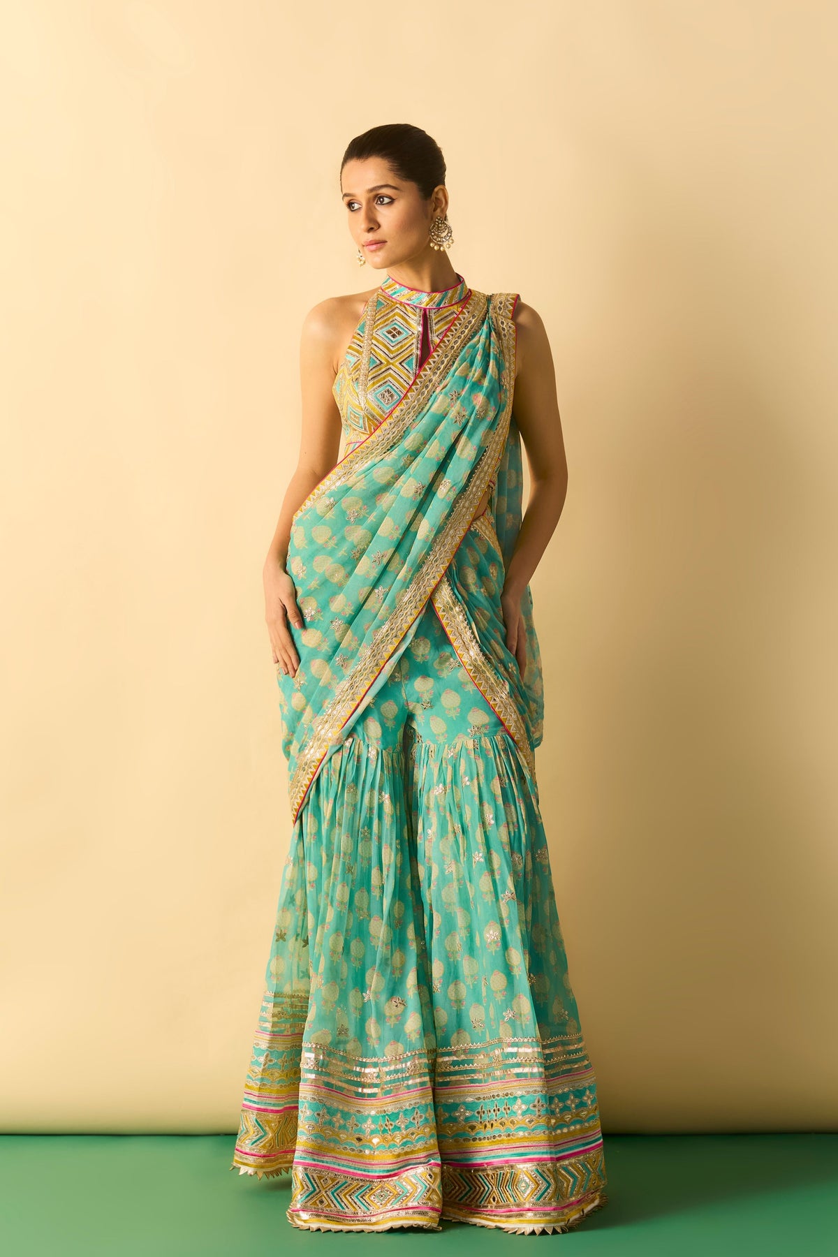 Labdhi Aqua Draped Saree Set