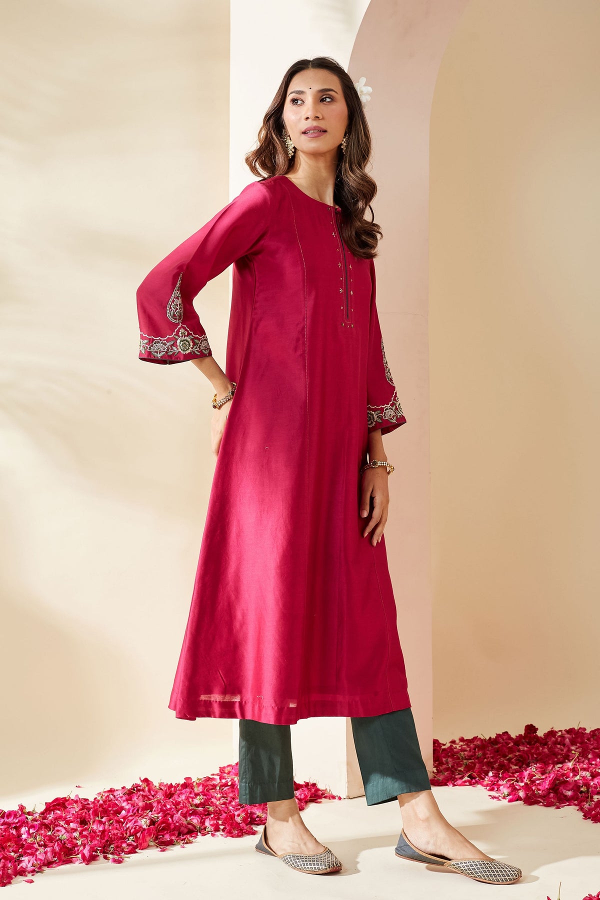 Magenta Floral Chanderi Kurta Set