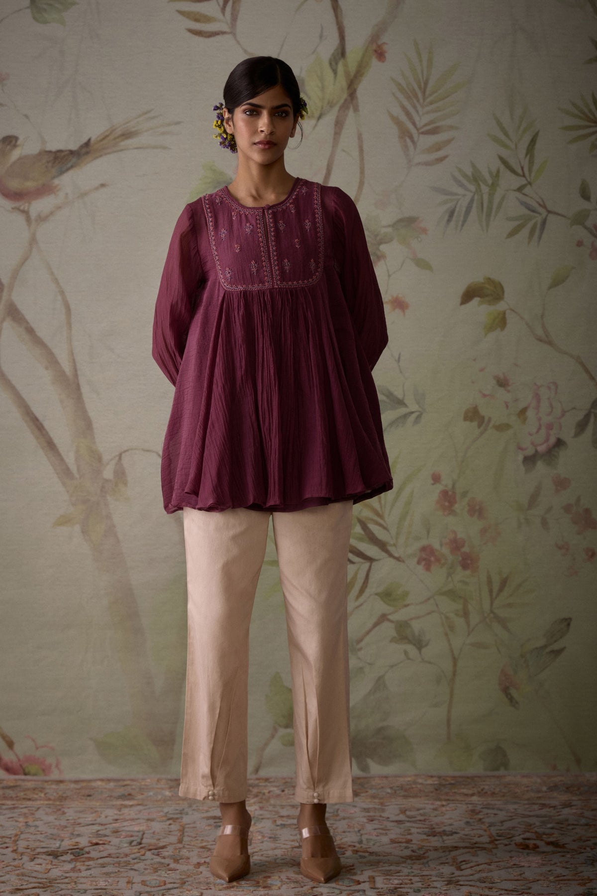 Wine Handwoven Flared Short Tunic