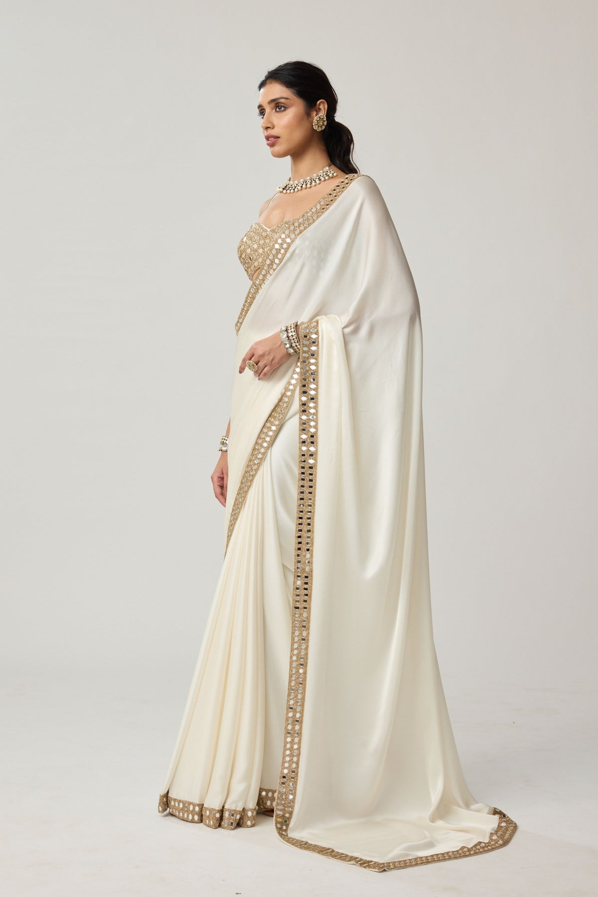 Off White Mirror Saree Set