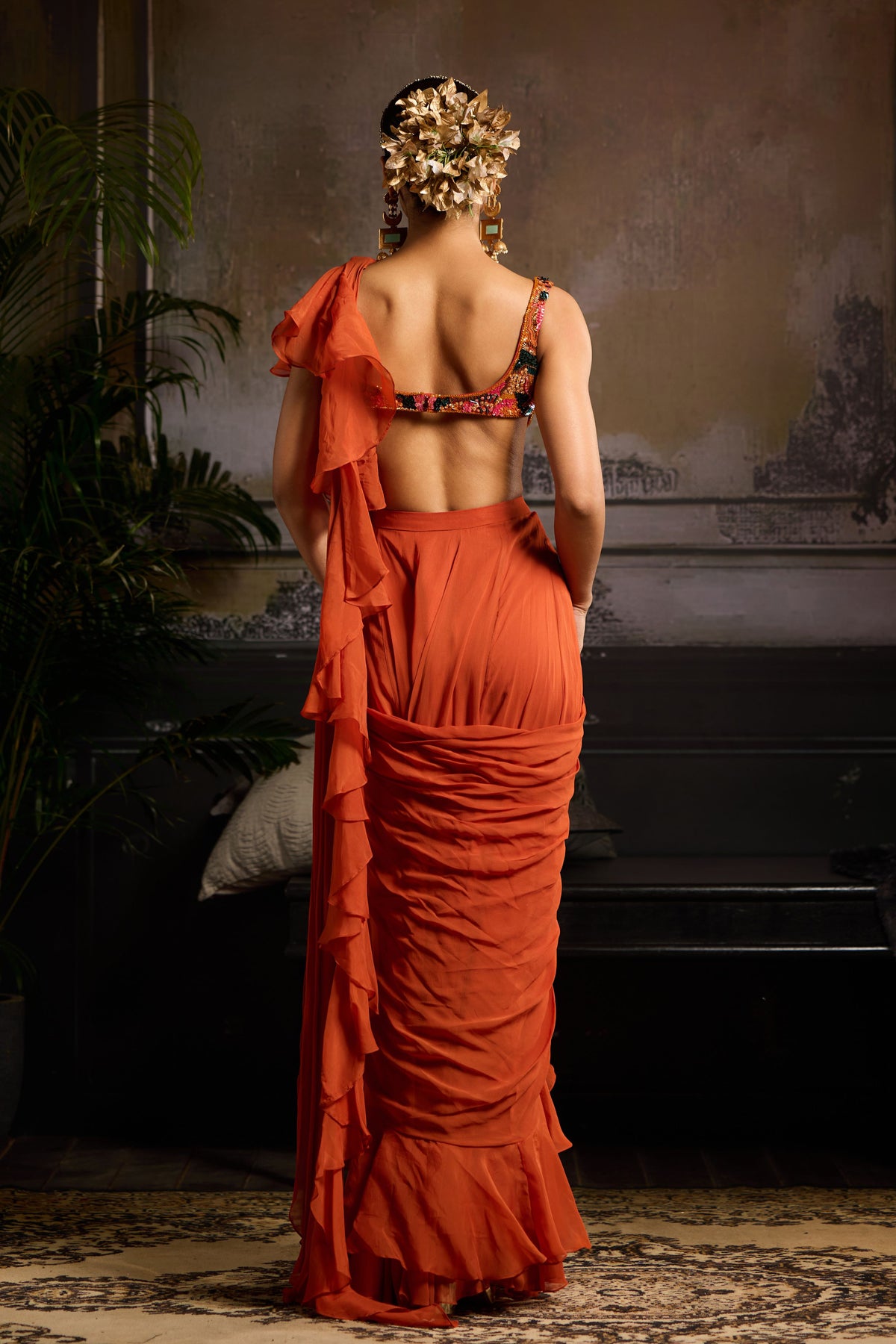 Rust Embroidered Saree Set