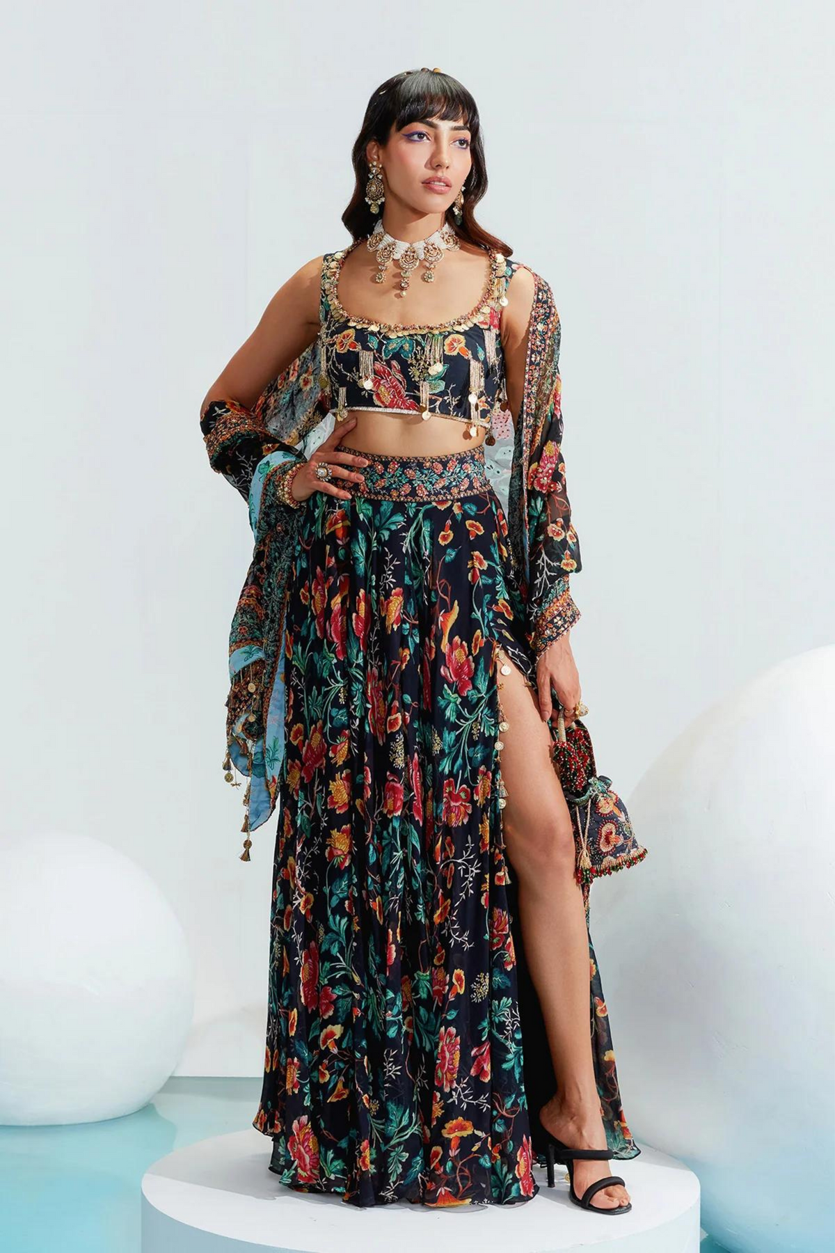 Noora Black Embroidered Slit Lehenga Set