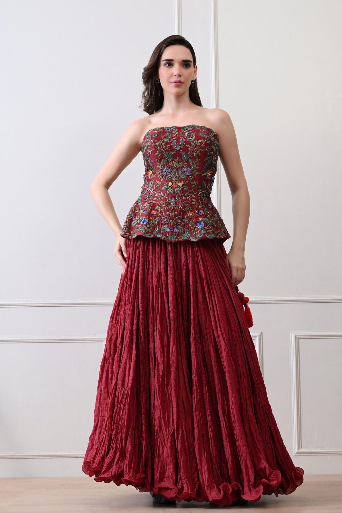 Maroon Embroidered Corset Set