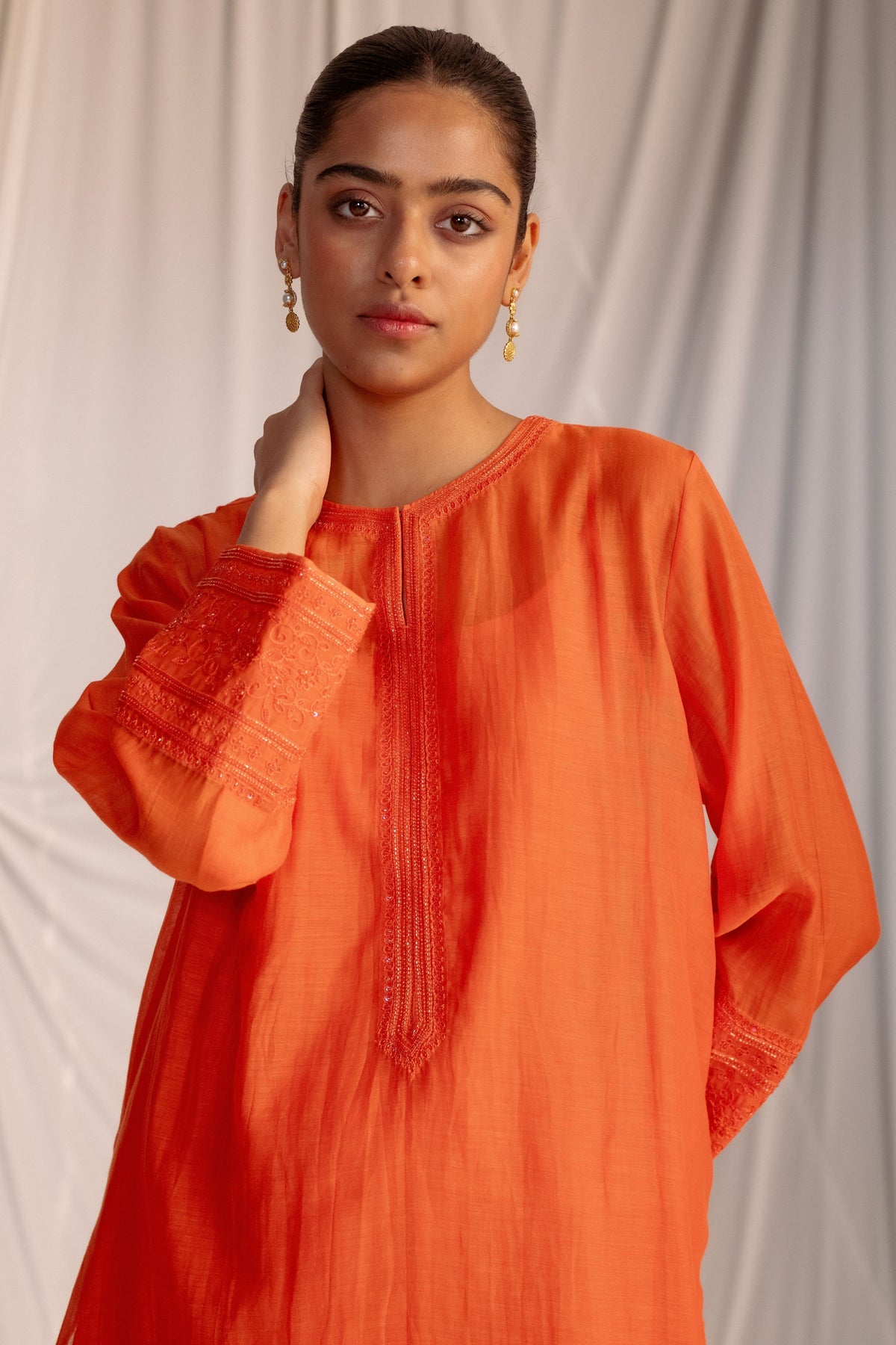 Orange Embroidered Tunic &amp; Trouser Set
