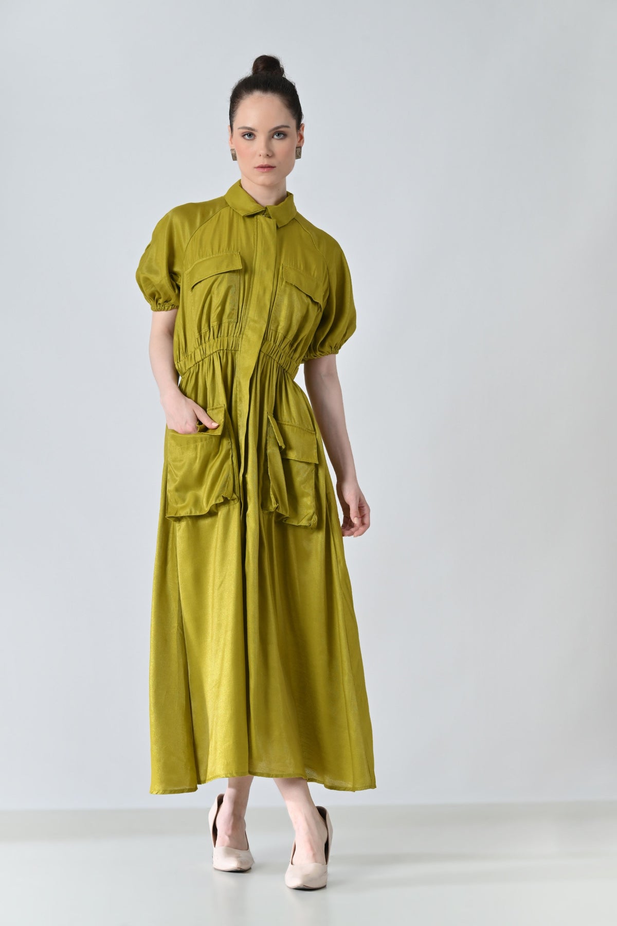 Olive Gathered Utility Dress