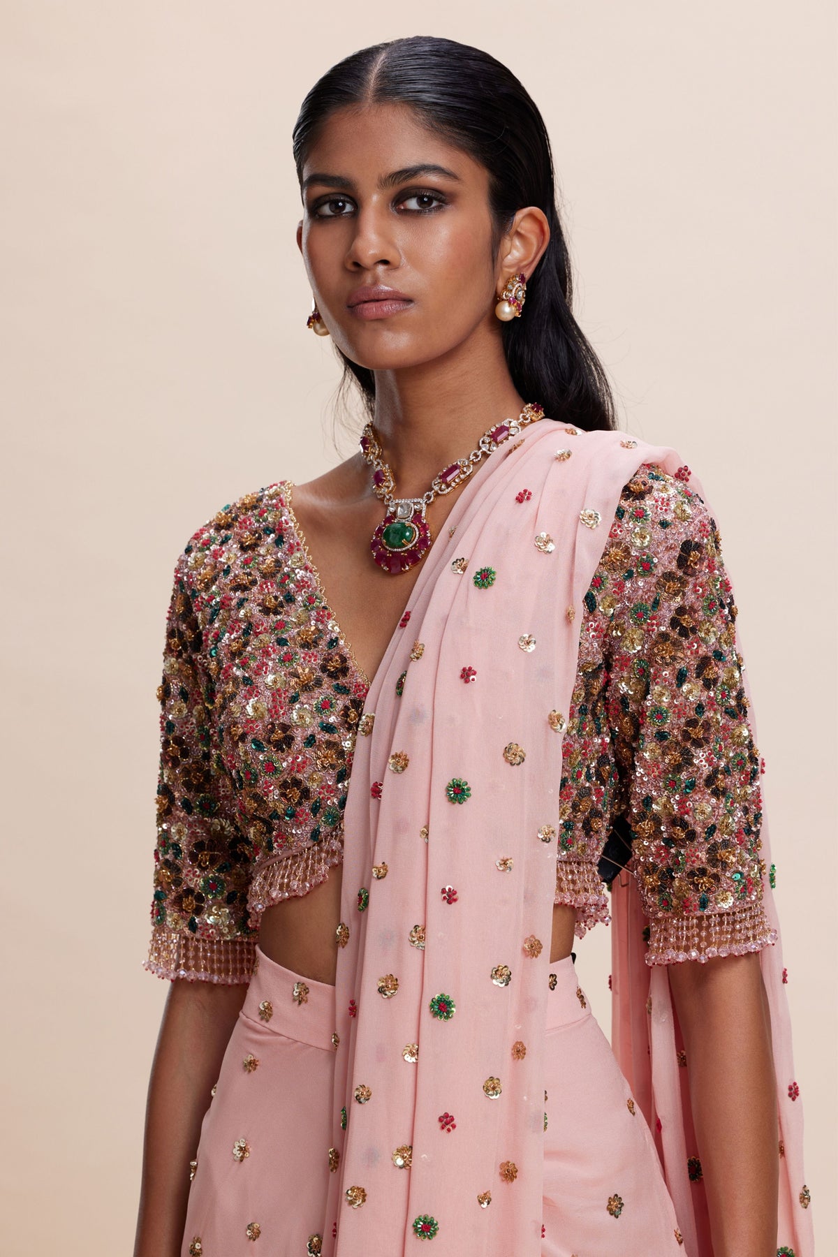 Pink Draped Saree Set
